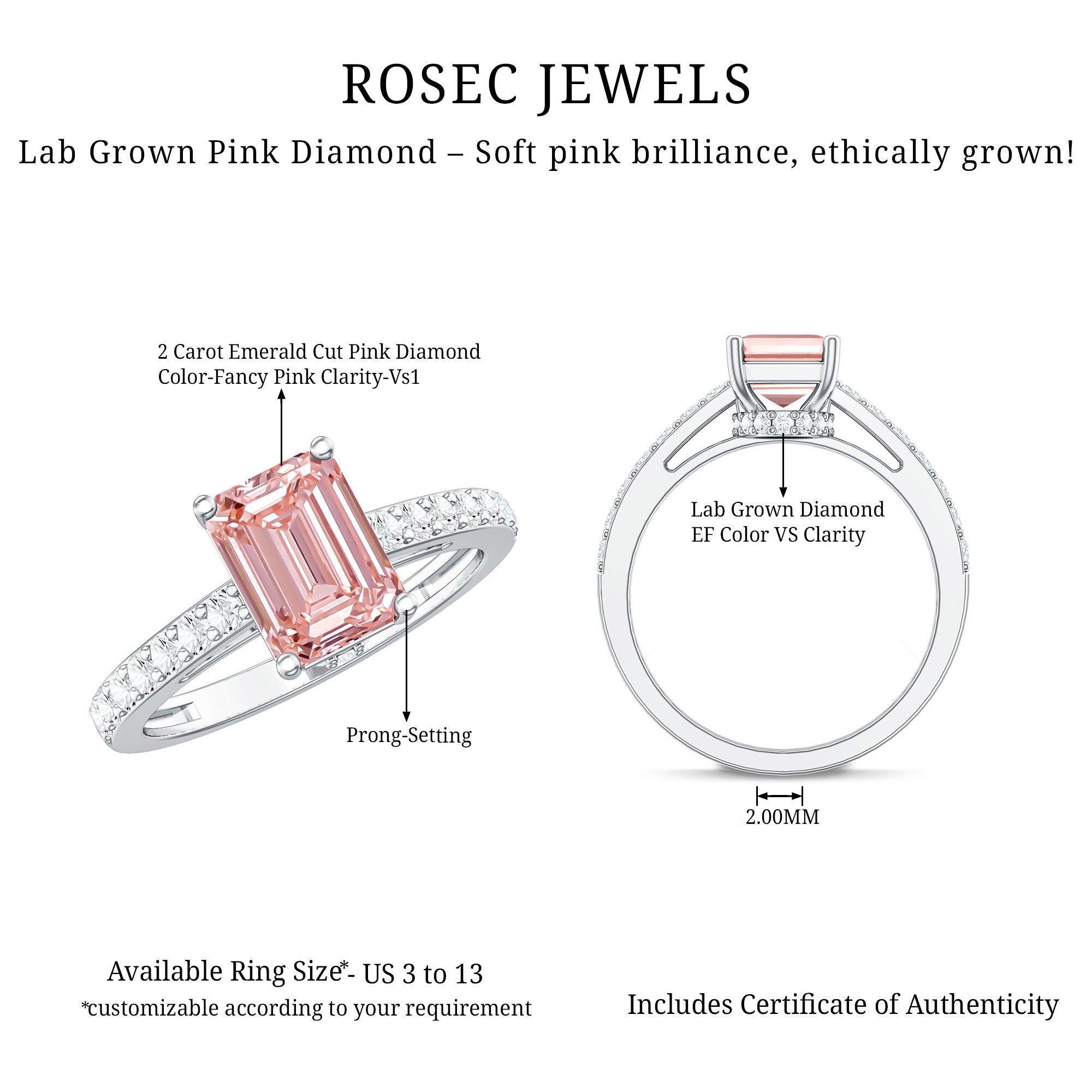 Rosec Jewels-IGI Graded 2 Carat Lab Pink Diamond Emerald Cut Engagement Ring with Hidden Halo