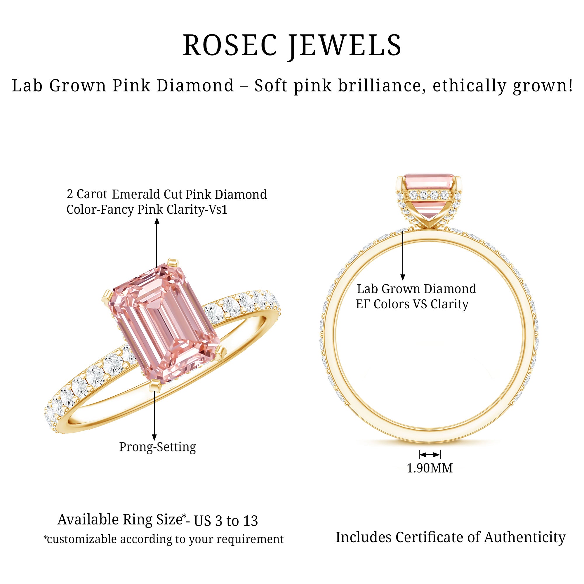 Rosec Jewels-IGI Certified 2 Carat Emerald Cut Lab Pink Diamond Engagement Ring for Her