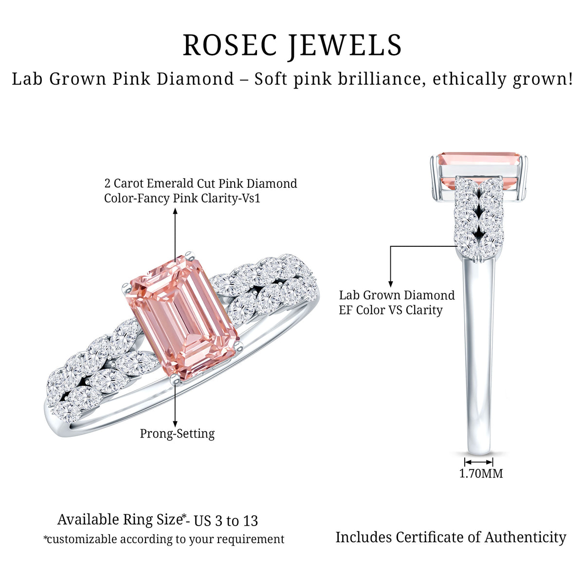 Rosec Jewels-2 Carat IGI Graded Lab Grown Pink White Diamond Engagement Ring with Split Shank