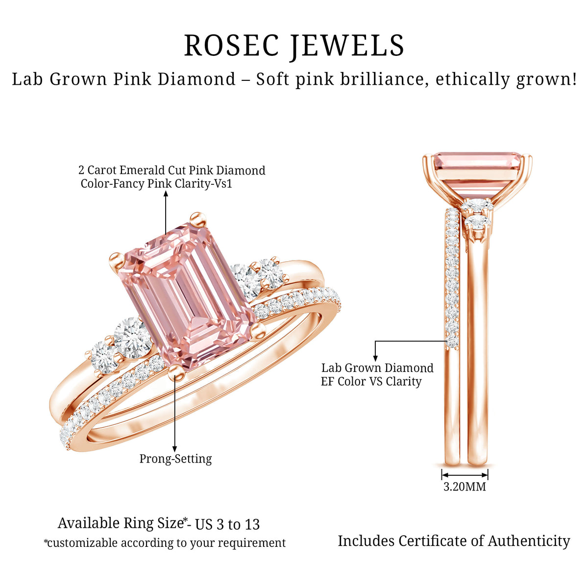 Rosec Jewels-2 Carat Emerald Cut Lab Pink Diamond Engagement Ring Set with IGI Certificate