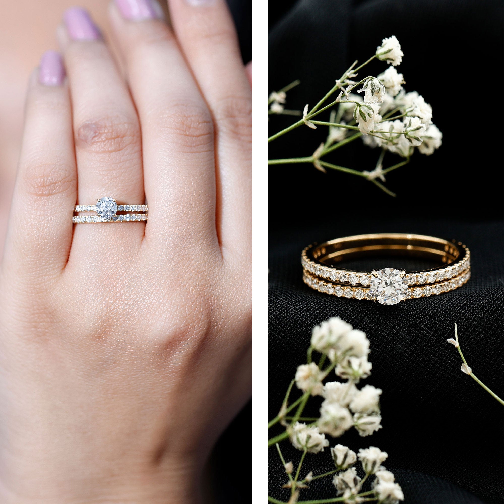 Rosec Jewels-Round Cut Moissanite Engagement Ring with Eternity Band