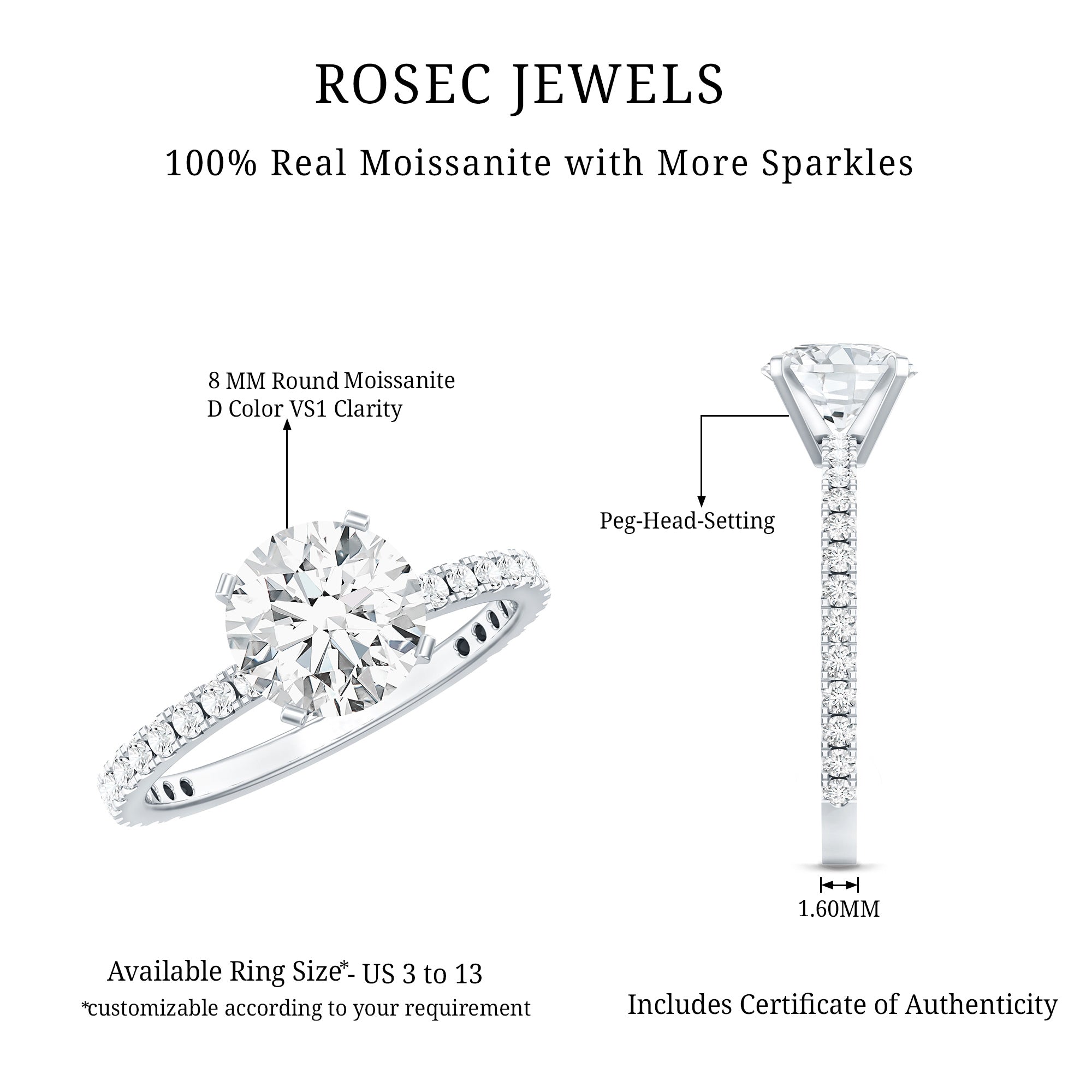 Certified 8 MM Moissanite Solitaire Engagement Ring D-VS1 - Rosec Jewels