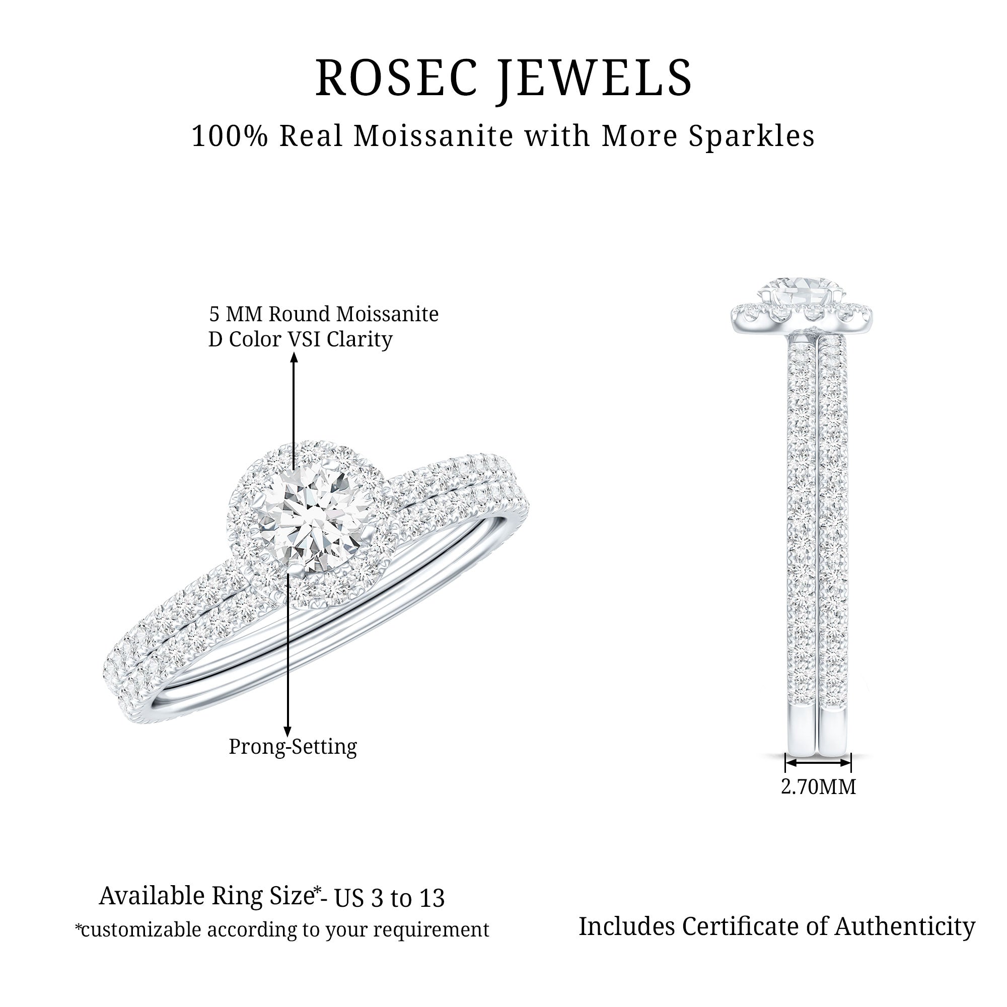Certified Moissanite Halo Bridal Ring Set D-VS1 - Rosec Jewels