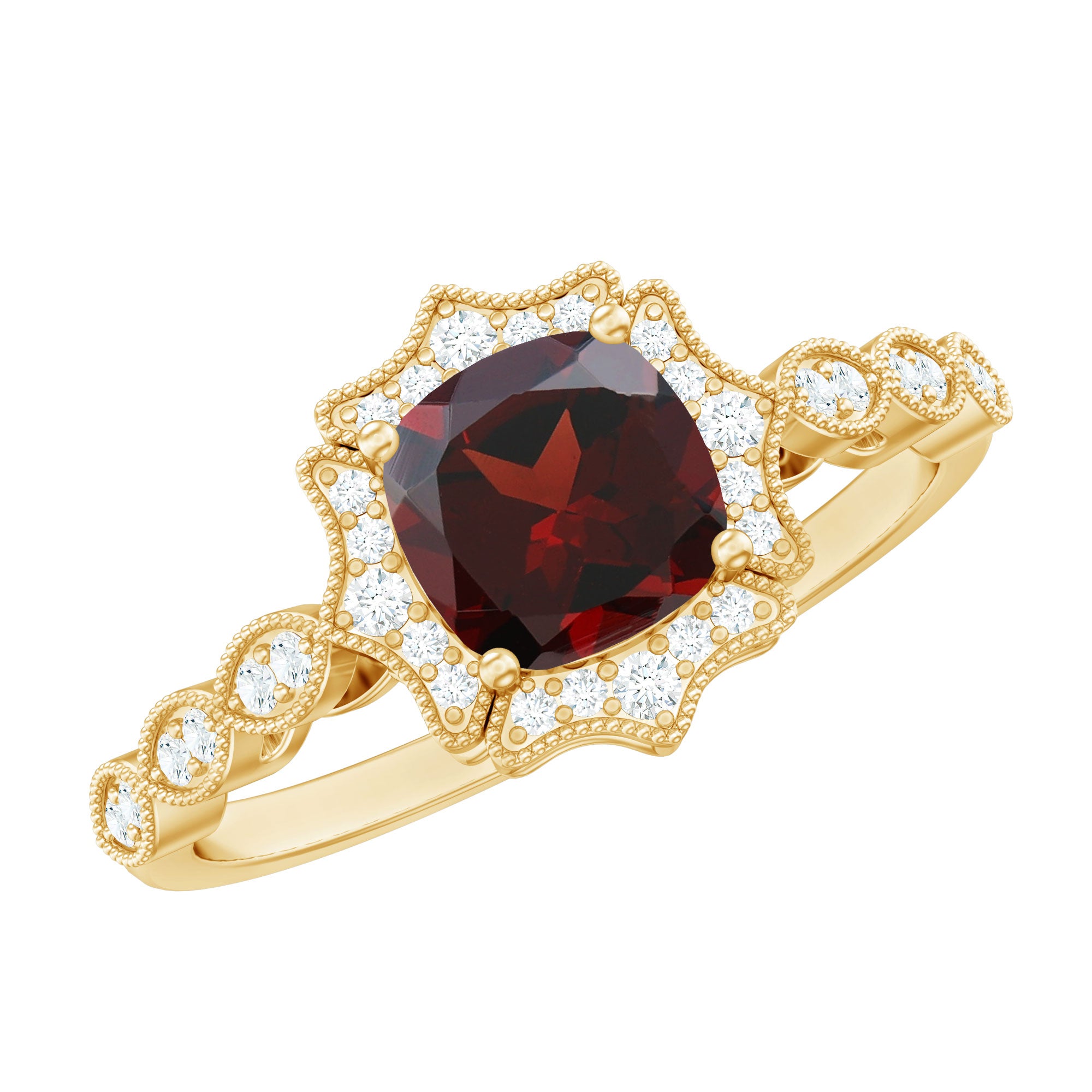 Vintage Looking 8mm Garnet Cushion Cut Engagement Ring with Diamond AAA - Rosec Jewels