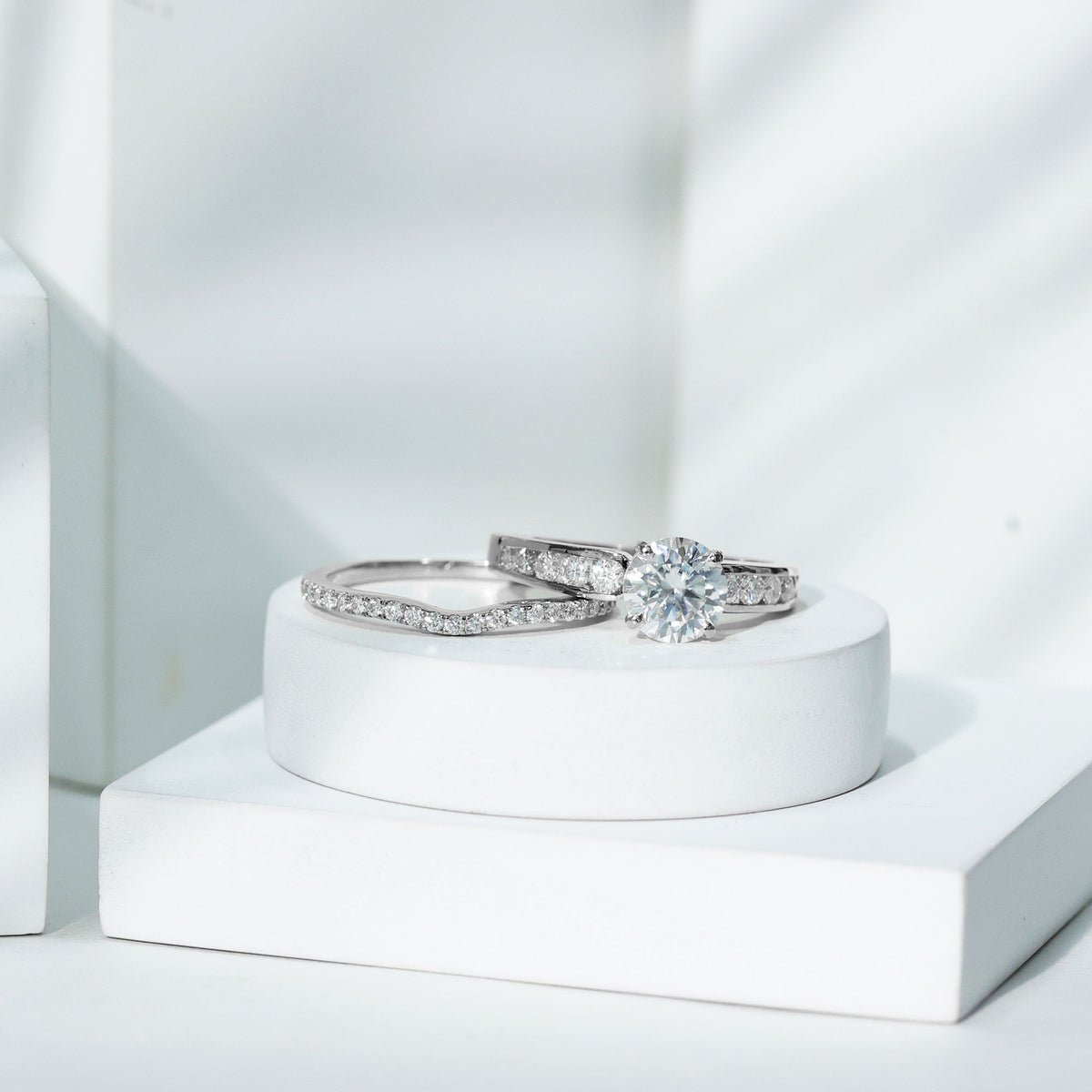 Certified 2 Carat Round Moissanite Engagement Ring with Wedding Band D-VS1 - Rosec Jewels
