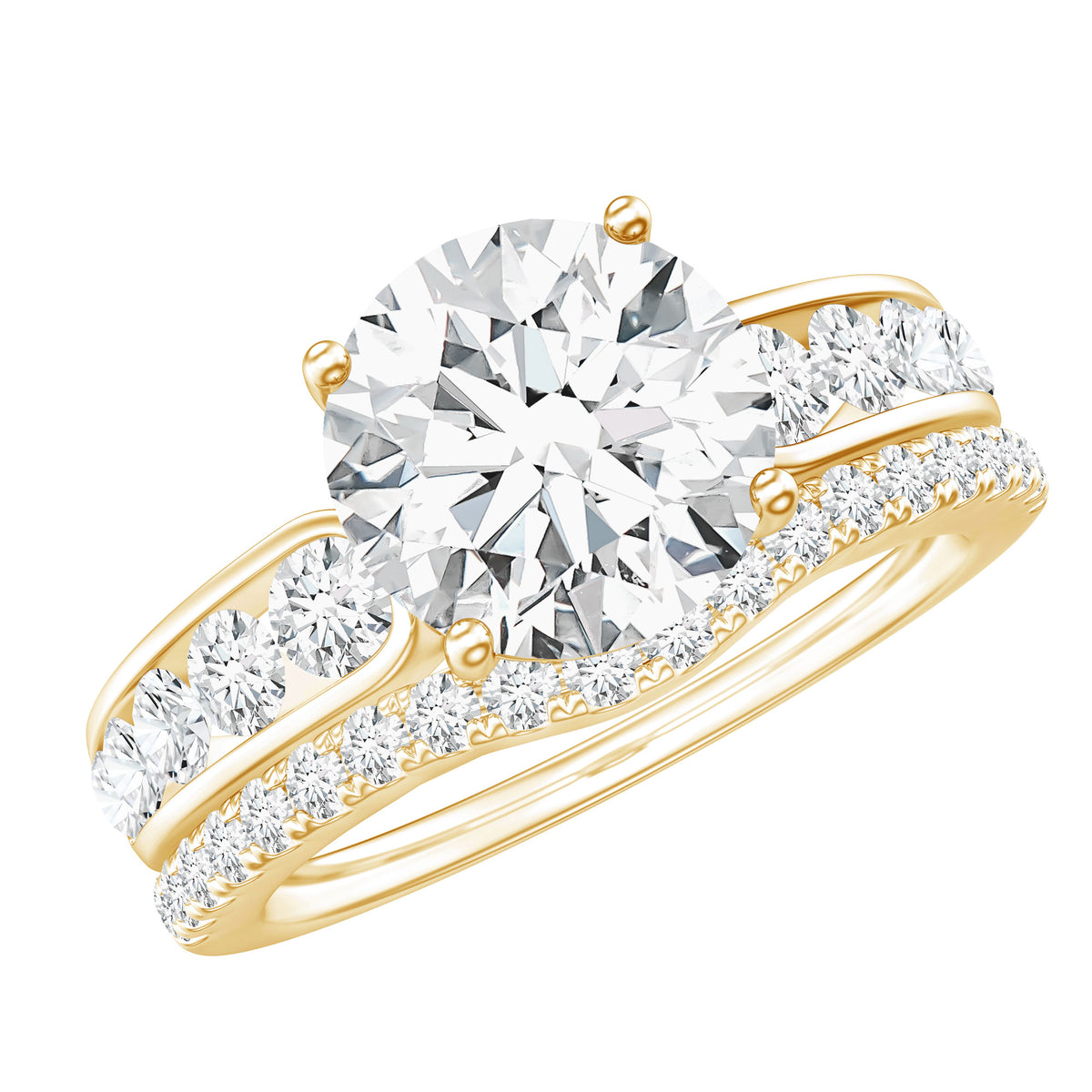 Certified 2 Carat Round Moissanite Engagement Ring with Wedding Band D-VS1 - Rosec Jewels