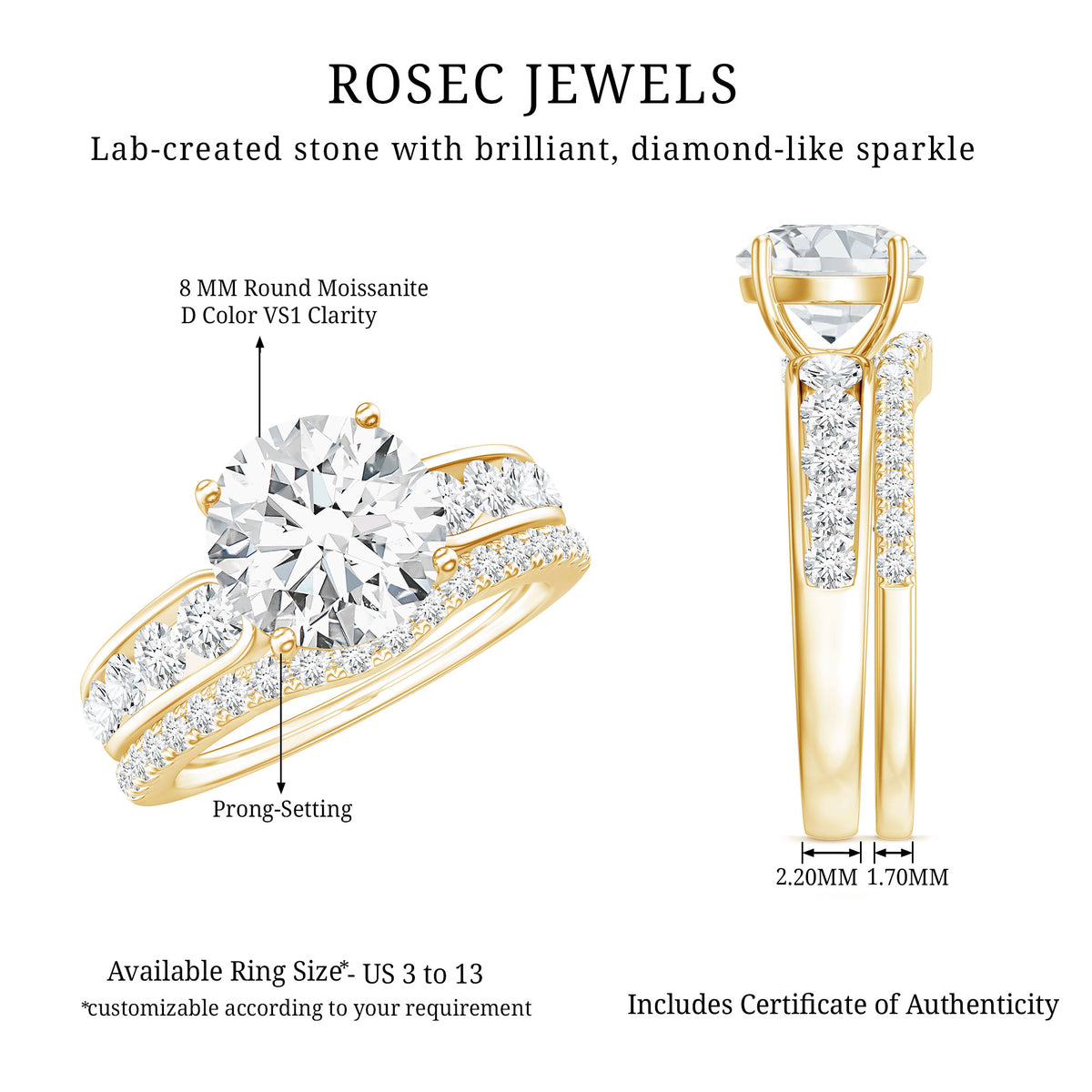Certified 2 Carat Round Moissanite Engagement Ring with Wedding Band D-VS1 - Rosec Jewels