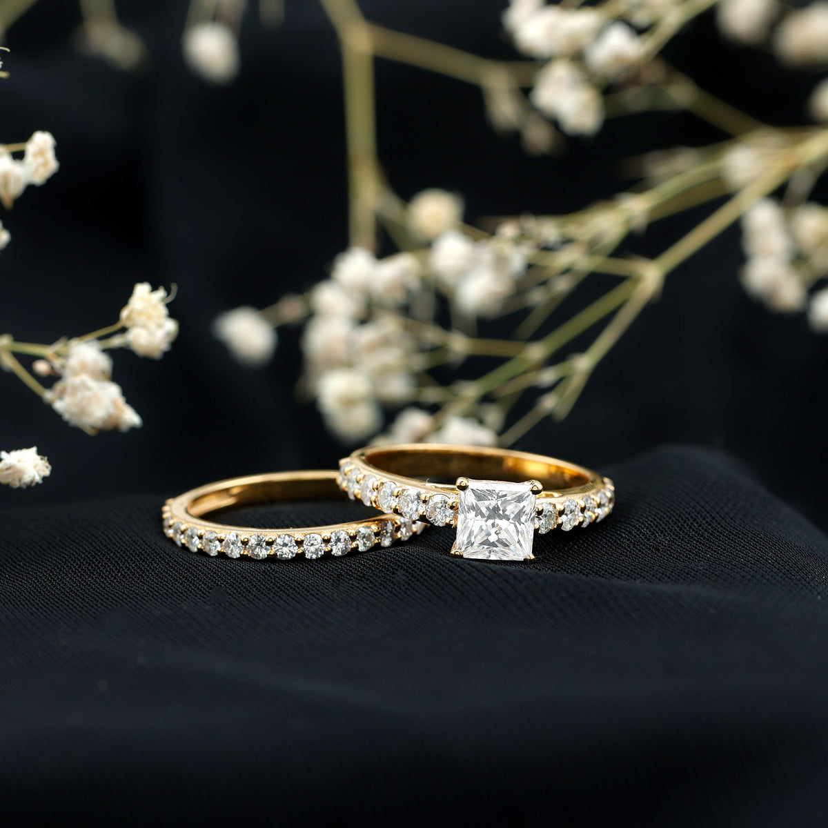 Princess Cut Moissanite Engagement Ring with Wedding Band D-VS1 - Rosec Jewels
