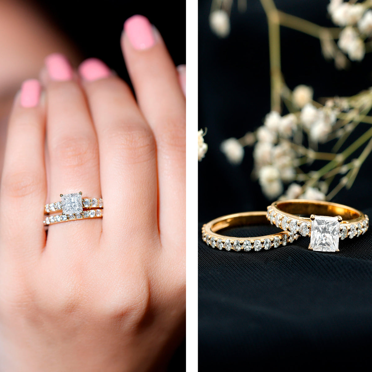 Princess Cut Moissanite Engagement Ring with Wedding Band D-VS1 - Rosec Jewels