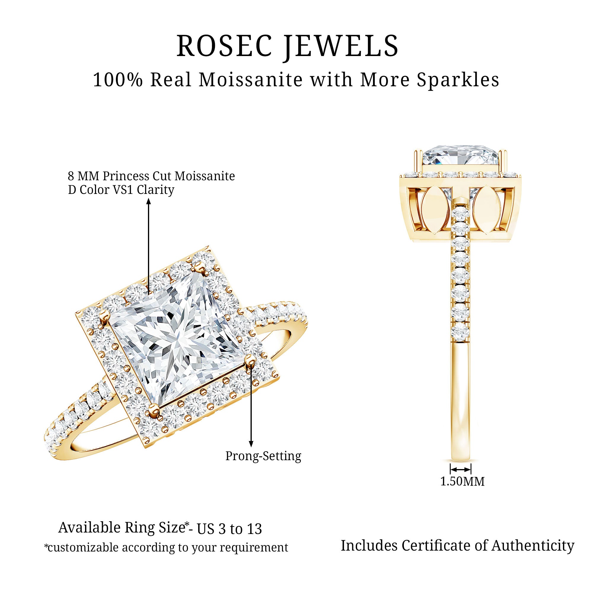 3 CT Princess Cut Moissanite Halo Engagement Ring D-VS1 - Rosec Jewels