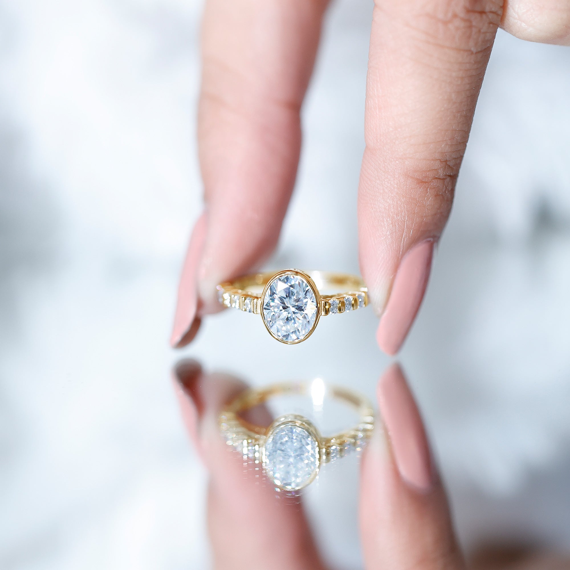 Bezel Set Moissanite Oval Engagement Ring with Side Stones D-VS1 - Rosec Jewels