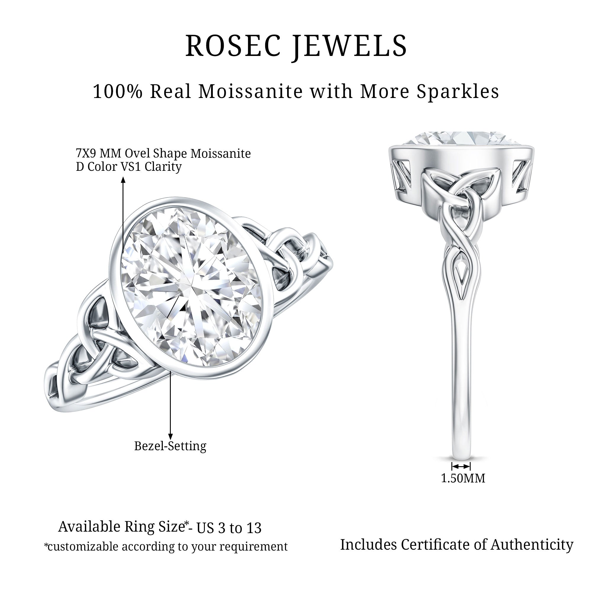 Rosec Jewels-Solitaire Moissanite Celtic Engagement Ring in Bezel Setting