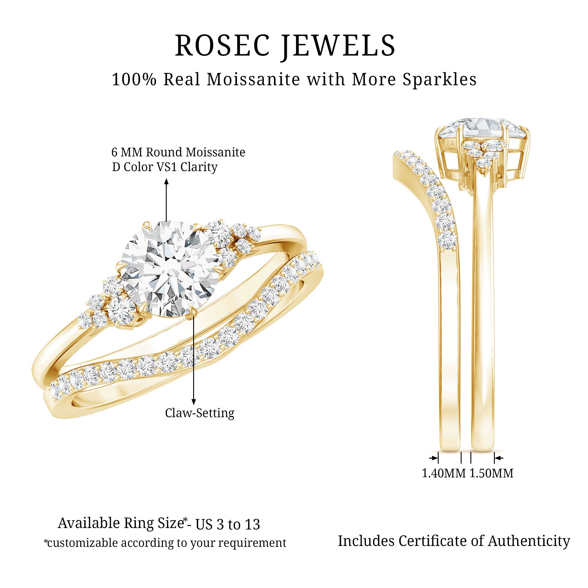 Rosec Jewels-0.9 Carat Round Cut Moissanite Wedding Ring Set For Bride