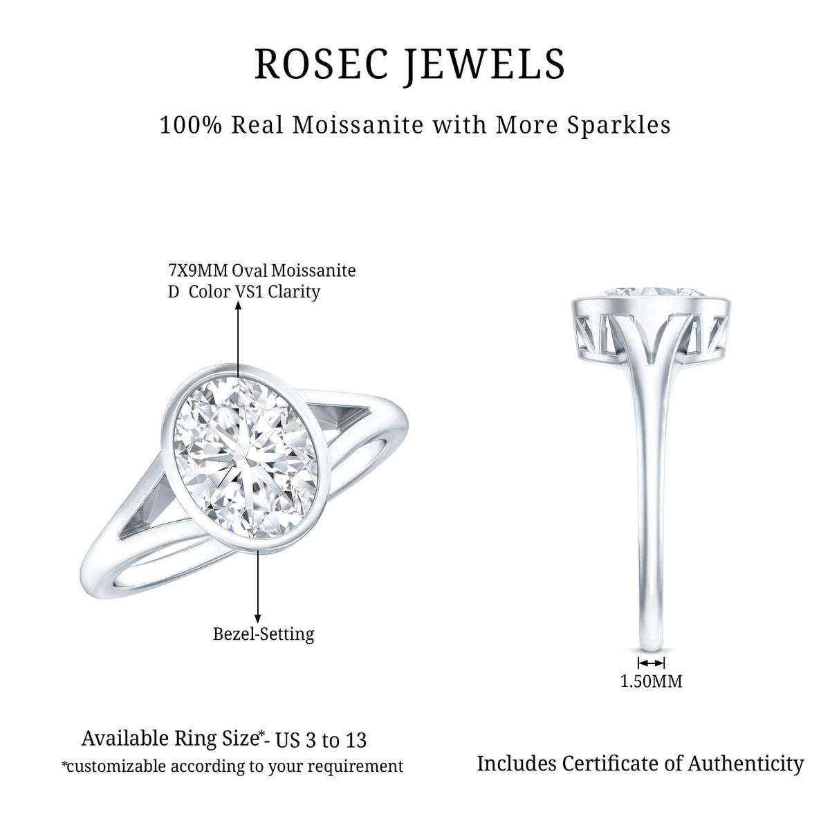 Certified 2 Carat Oval Moissanite Solitaire Engagement Ring in Split Shank D-VS1 - Rosec Jewels