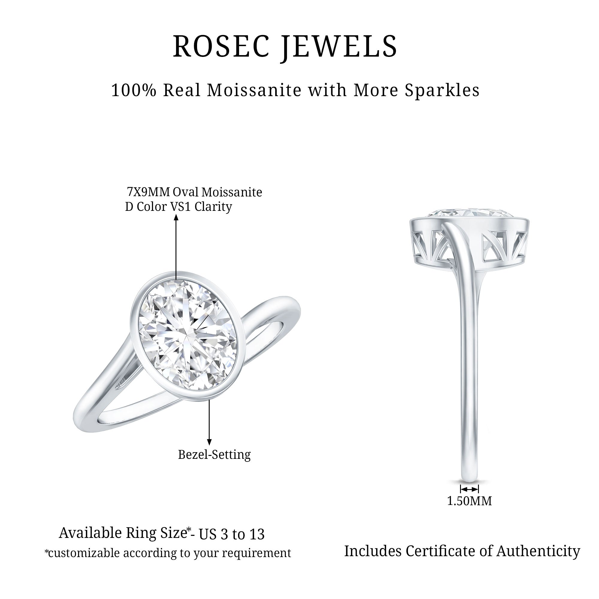 Solitaire 7X9 MM Moissanite Oval Engagement Ring with Bypass Shank D-VS1 - Rosec Jewels