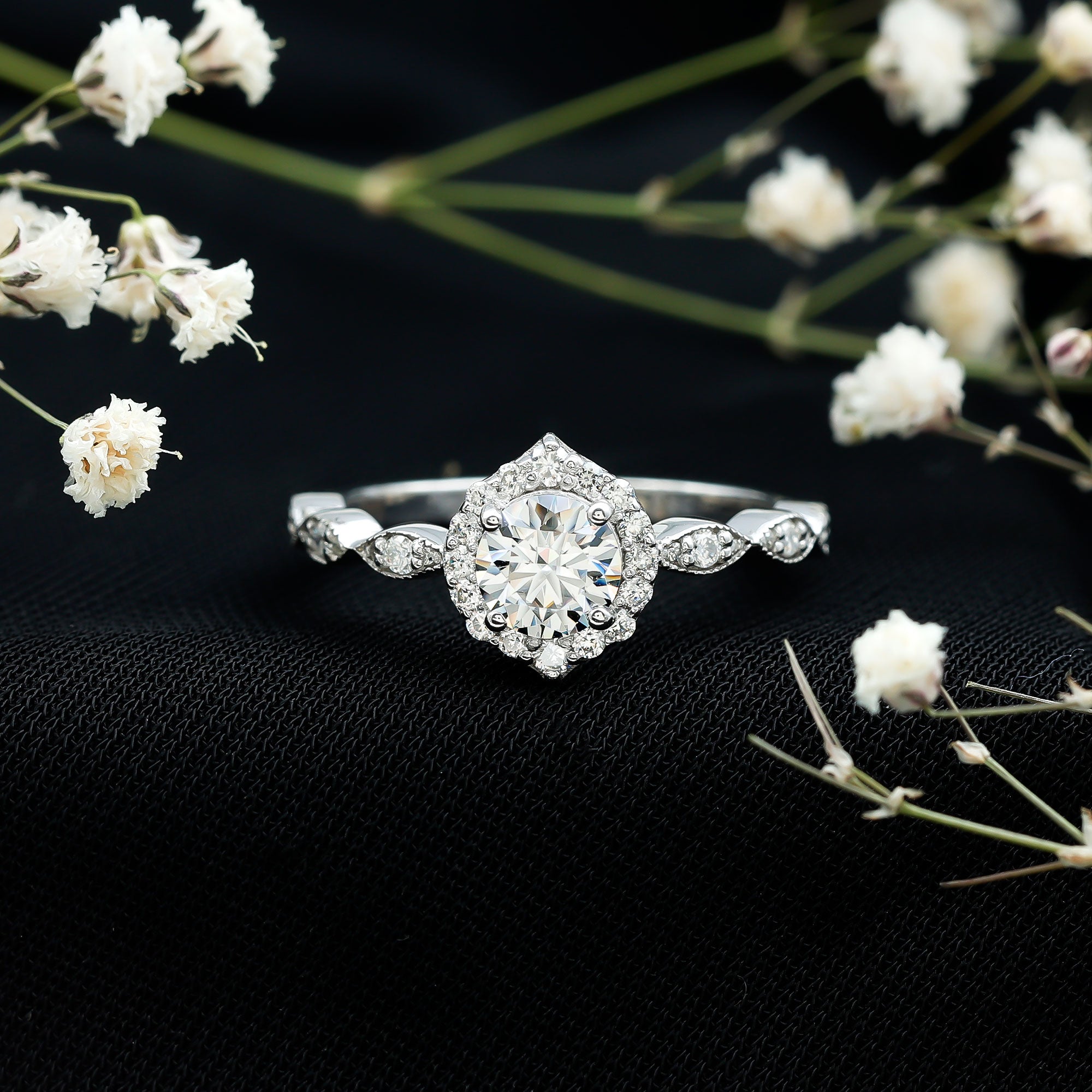 Antique Style Moissanite Halo Engagement Ring D-VS1 - Rosec Jewels