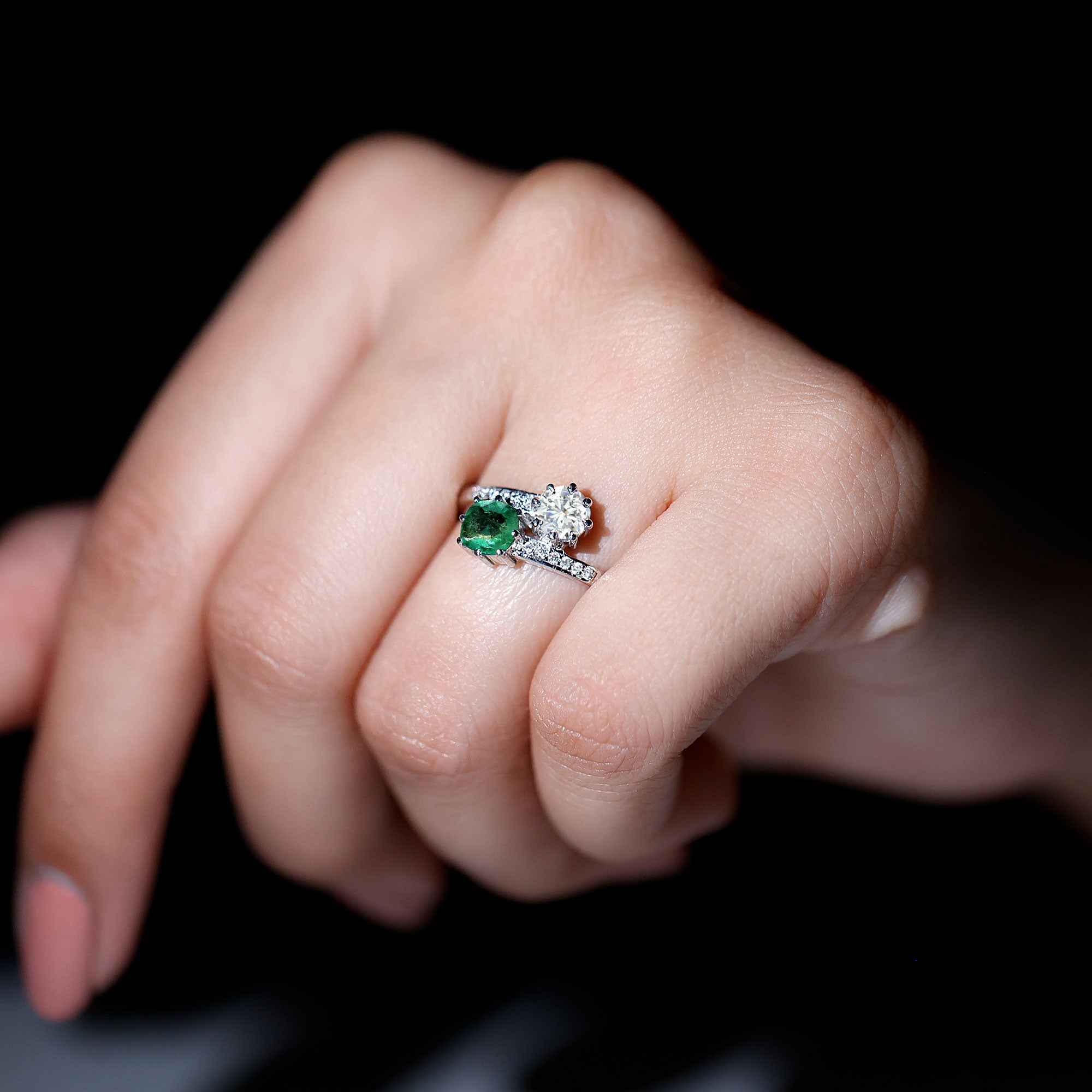 Rosec Jewels-Emerald and Moissanite Two Stone Engagement Ring in Bypass Shank