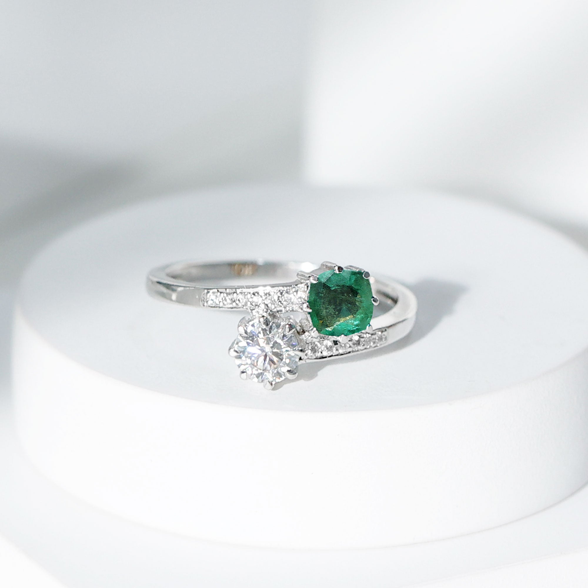 Rosec Jewels-Emerald and Moissanite Two Stone Engagement Ring in Bypass Shank