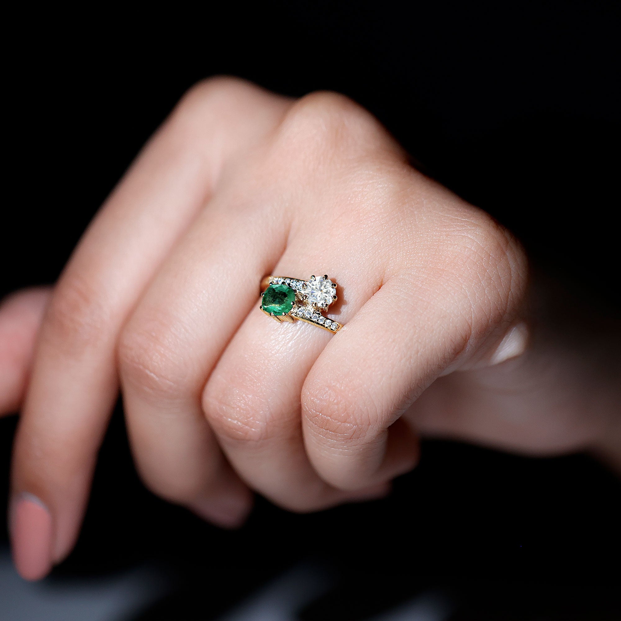 Rosec Jewels-Emerald and Moissanite Two Stone Engagement Ring in Bypass Shank