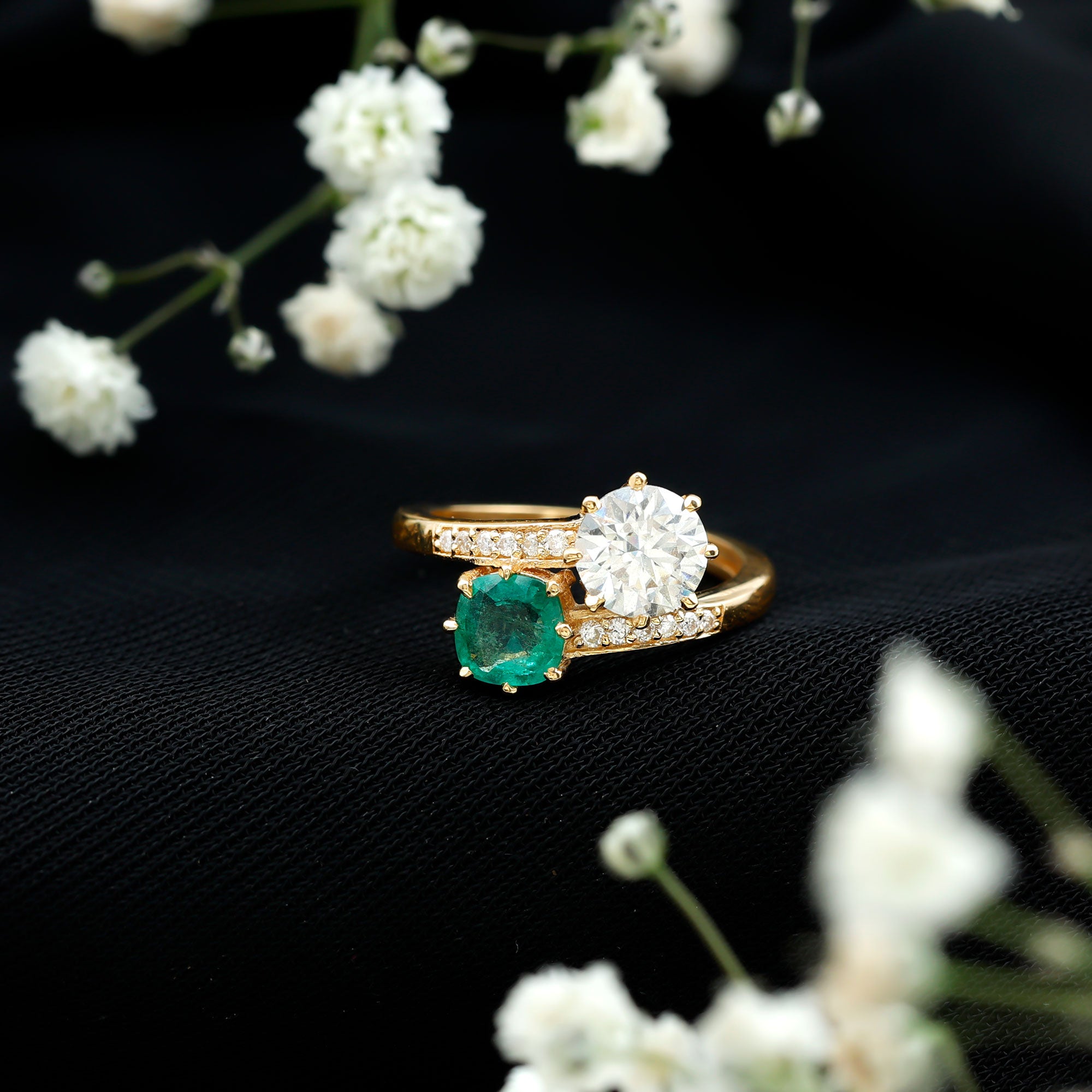 Rosec Jewels-Emerald and Moissanite Two Stone Engagement Ring in Bypass Shank