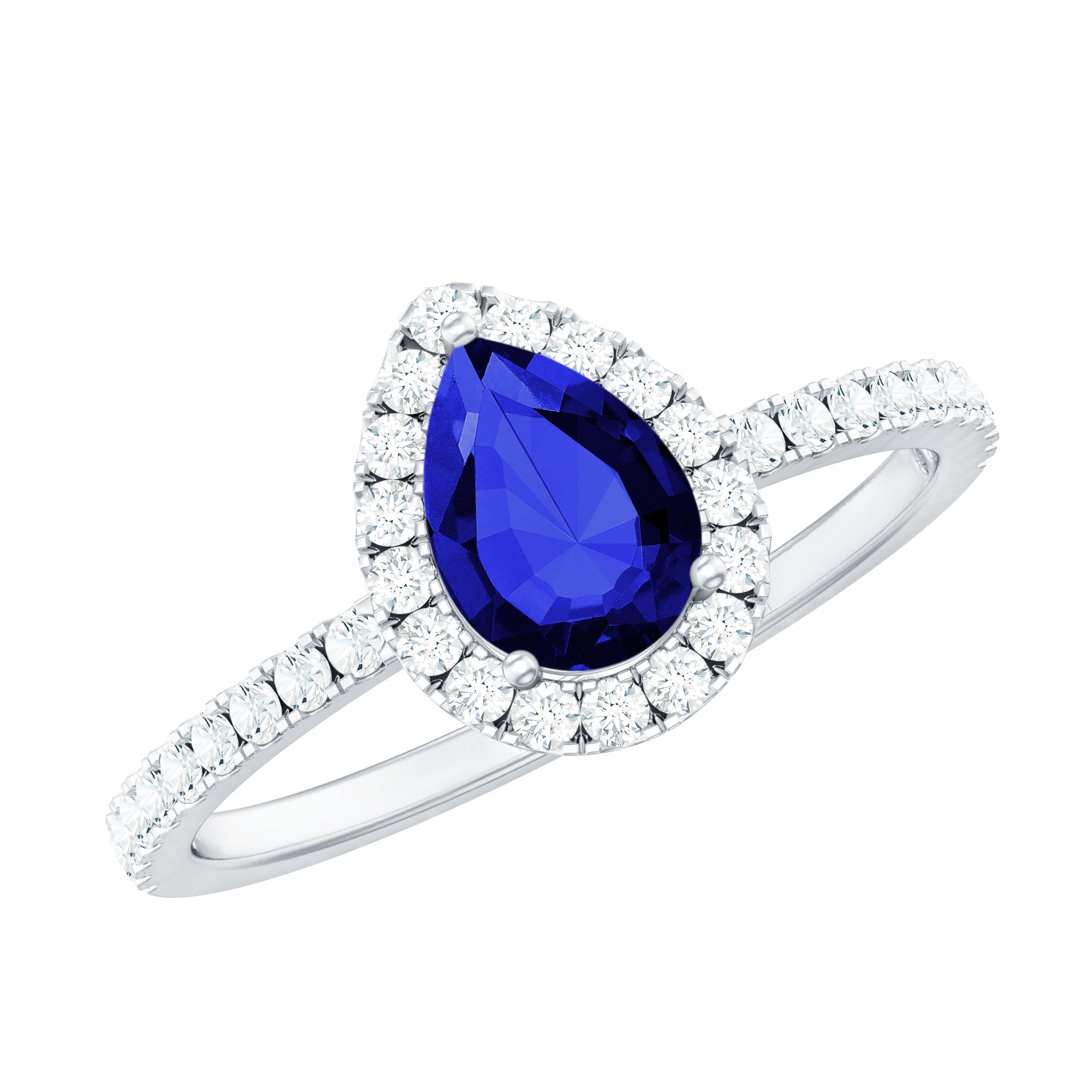 Created Blue Sapphire Teardrop Engagement Ring with Diamond Halo