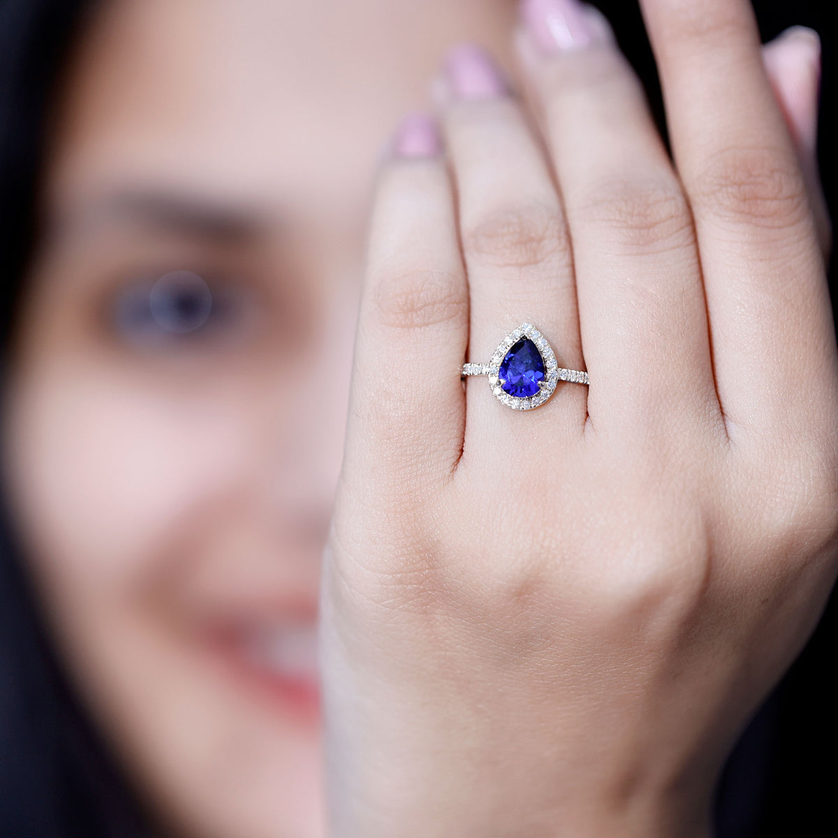 Certified 1.6 Carat Lab Grown Blue Sapphire Teardrop Engagement Ring with Diamond Halo AAAA - Rosec Jewels