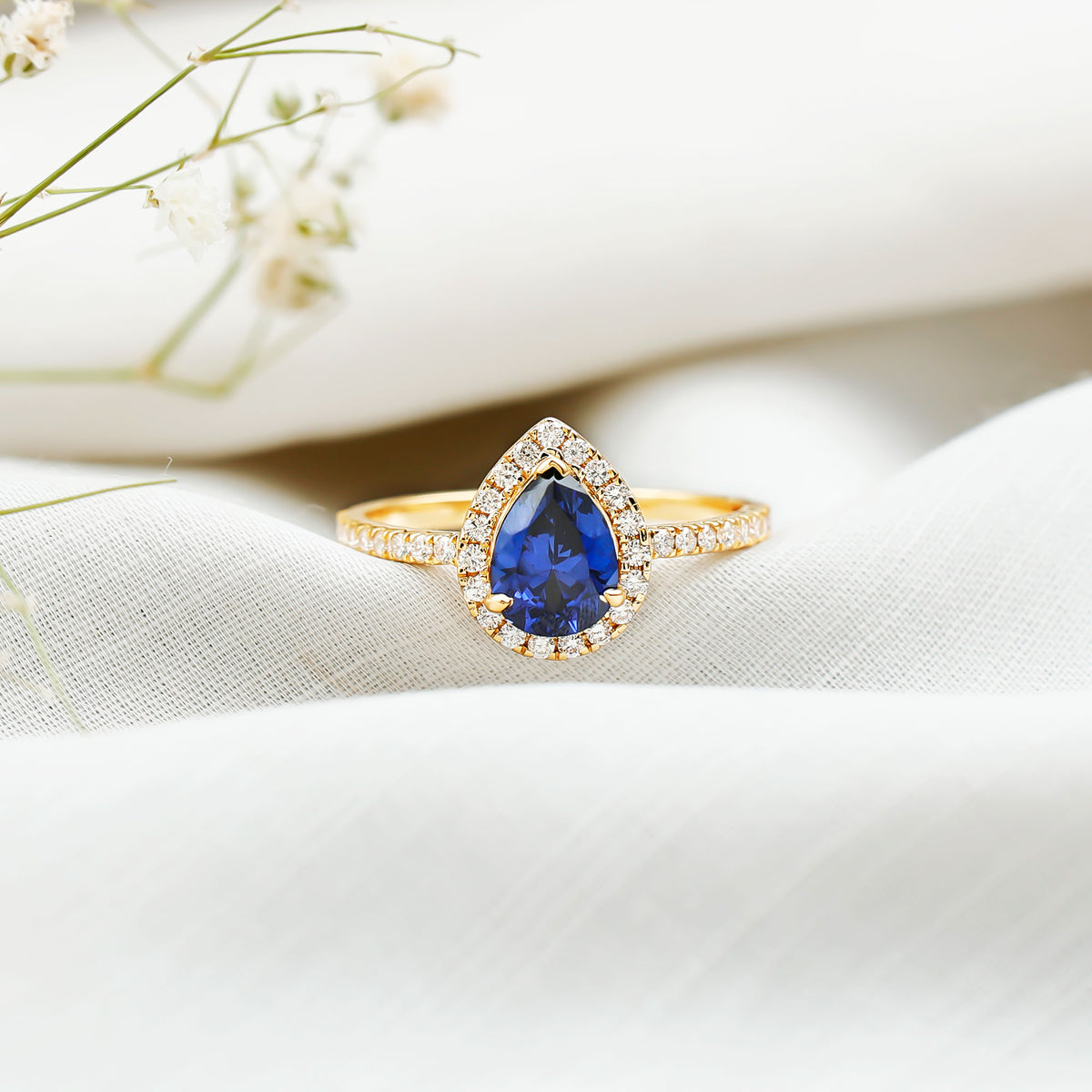 Certified 1.6 Carat Lab Grown Blue Sapphire Teardrop Engagement Ring with Diamond Halo AAAA - Rosec Jewels