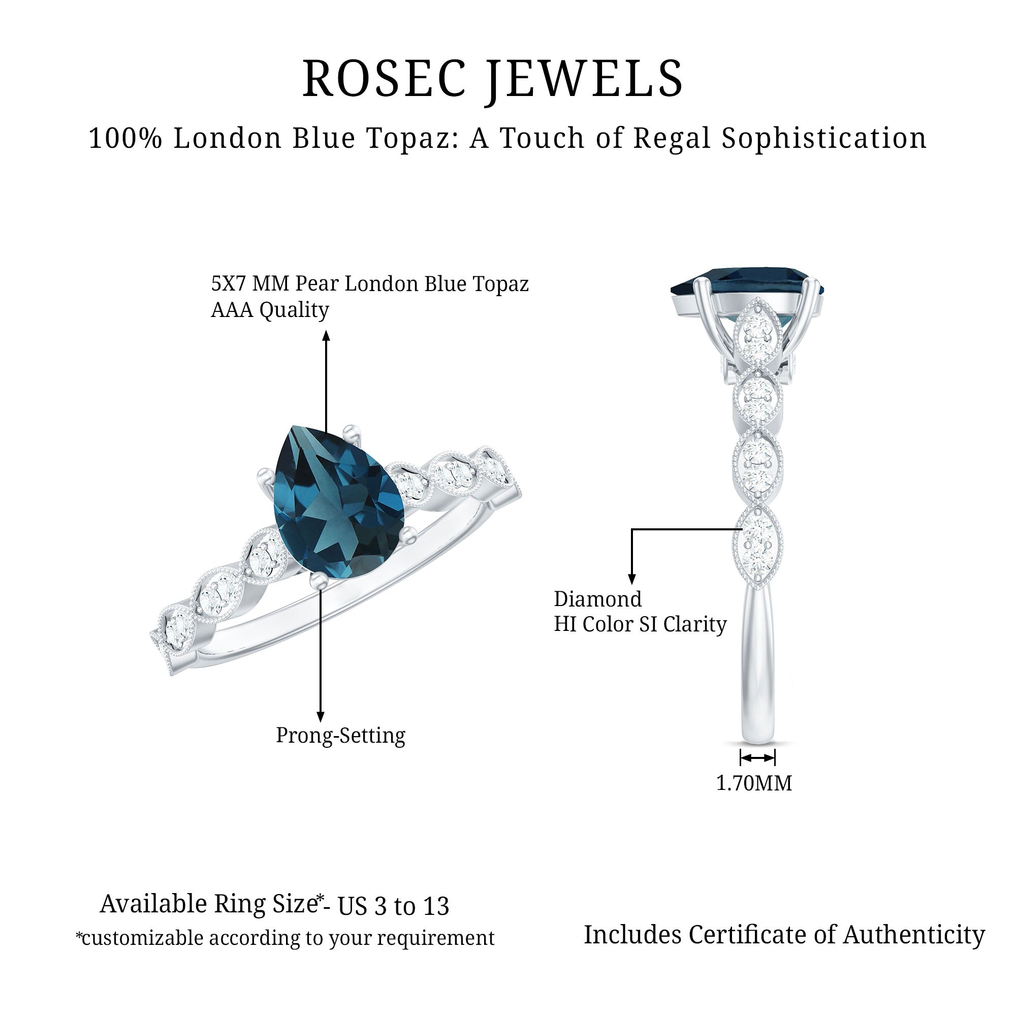 Pear Shaped London Blue Topaz and Diamond Engagement Ring For Women AAA - Rosec Jewels