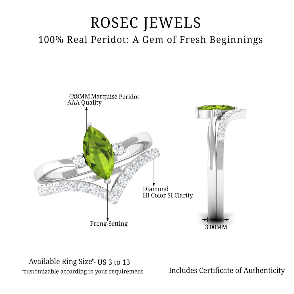3/4 CT Natural Peridot Solitaire Ring Set with Diamond Band Peridot - ( AAA ) - Quality - Rosec Jewels