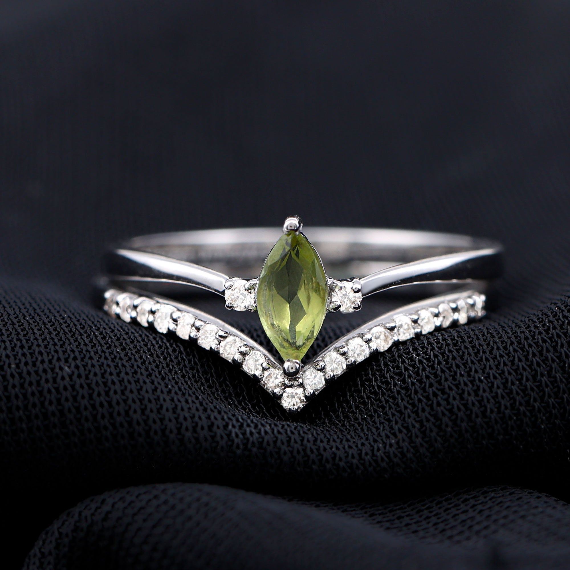 Marquise Cut Peridot Solitaire Wedding Ring Set with Diamond AAA - Rosec Jewels