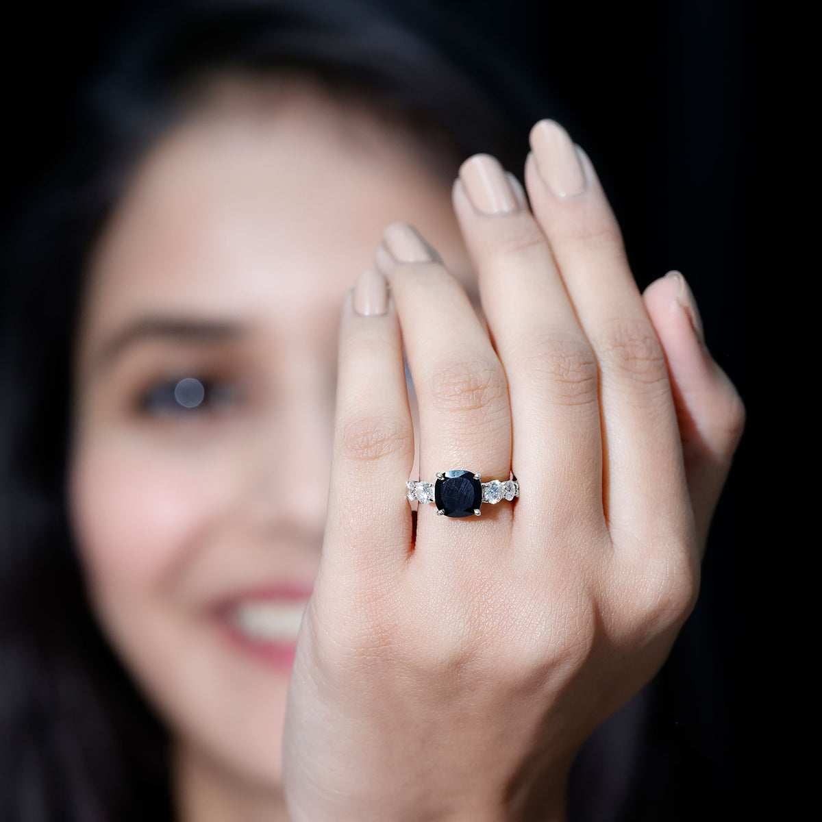 Certified 2.8 Carat Lab Grown Black Diamond Cushion Cut Engagement Ring with Side Stones AAAA ( Synthetic ) - Rosec Jewels