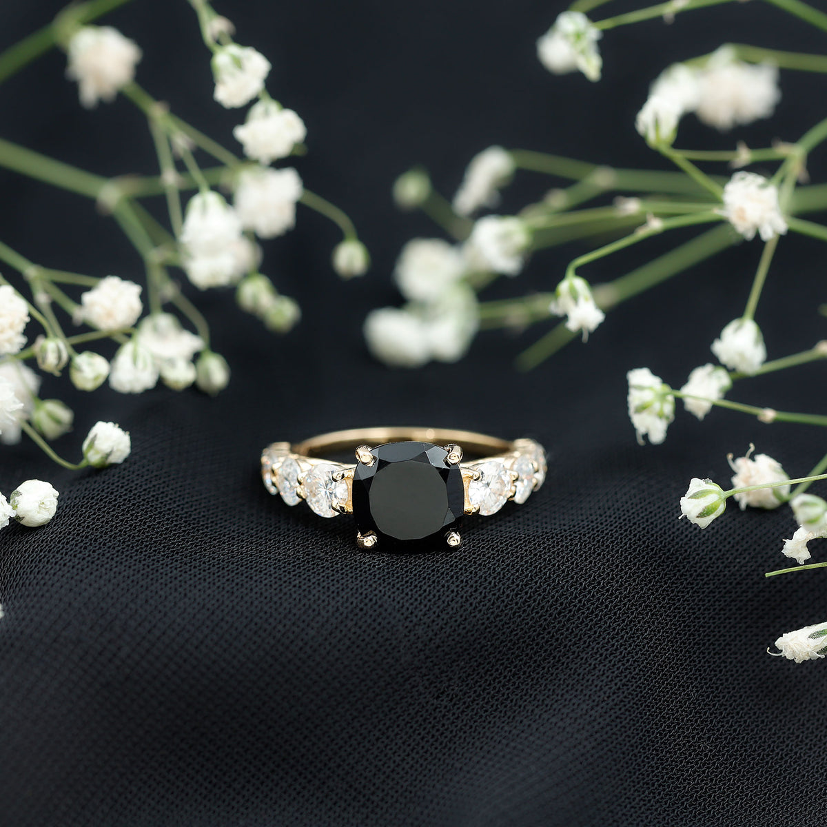 Certified 2.8 Carat Lab Grown Black Diamond Cushion Cut Engagement Ring with Side Stones AAAA ( Synthetic ) - Rosec Jewels
