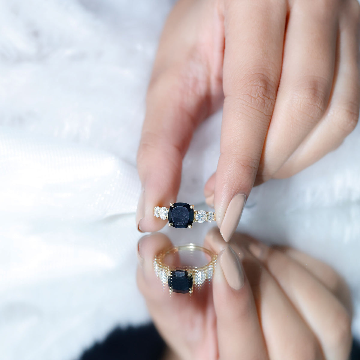 Certified 2.8 Carat Lab Grown Black Diamond Cushion Cut Engagement Ring with Side Stones AAAA ( Synthetic ) - Rosec Jewels
