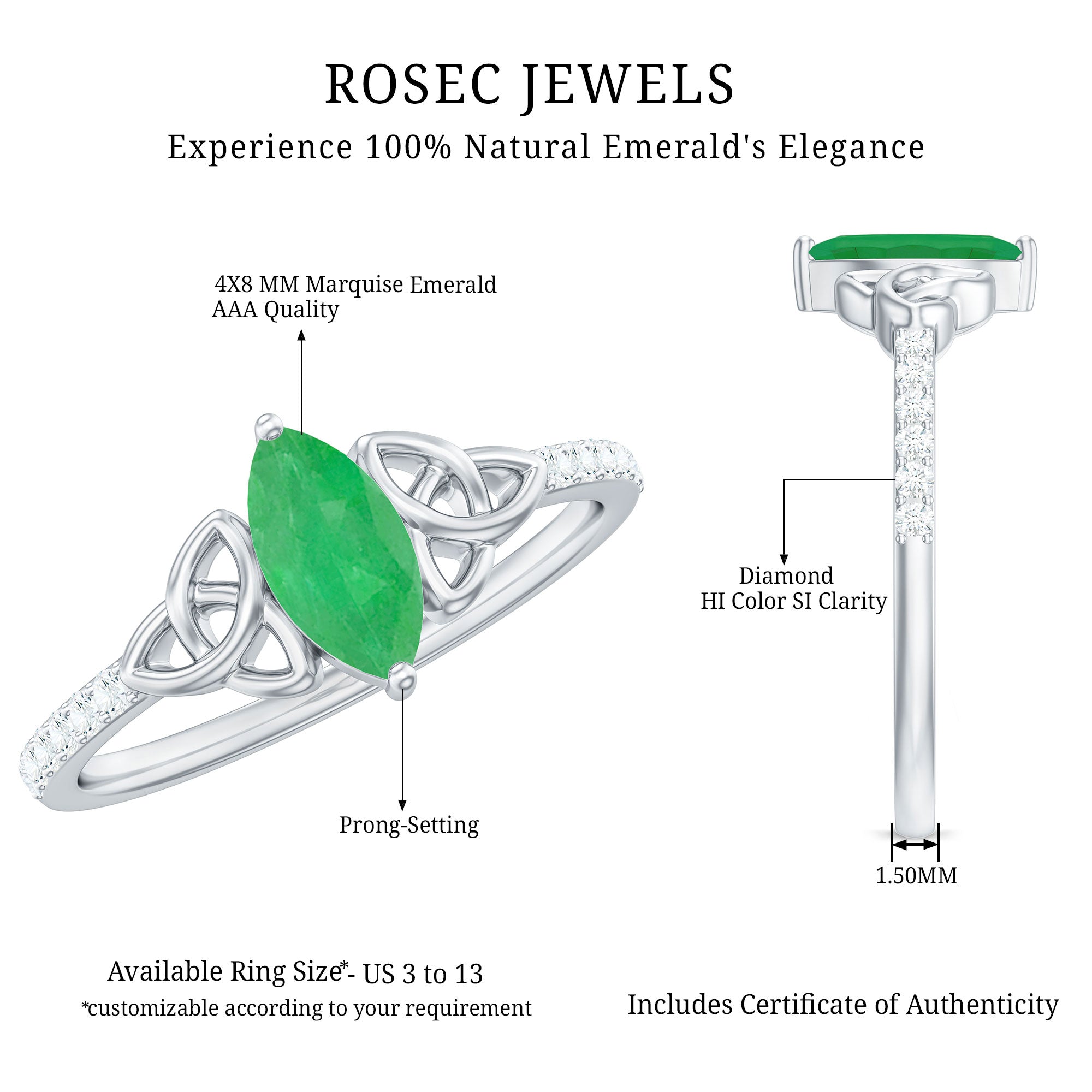 Natural Marquise Emerald Diamond Promise Ring with Celtic Knot AAA - Rosec Jewels
