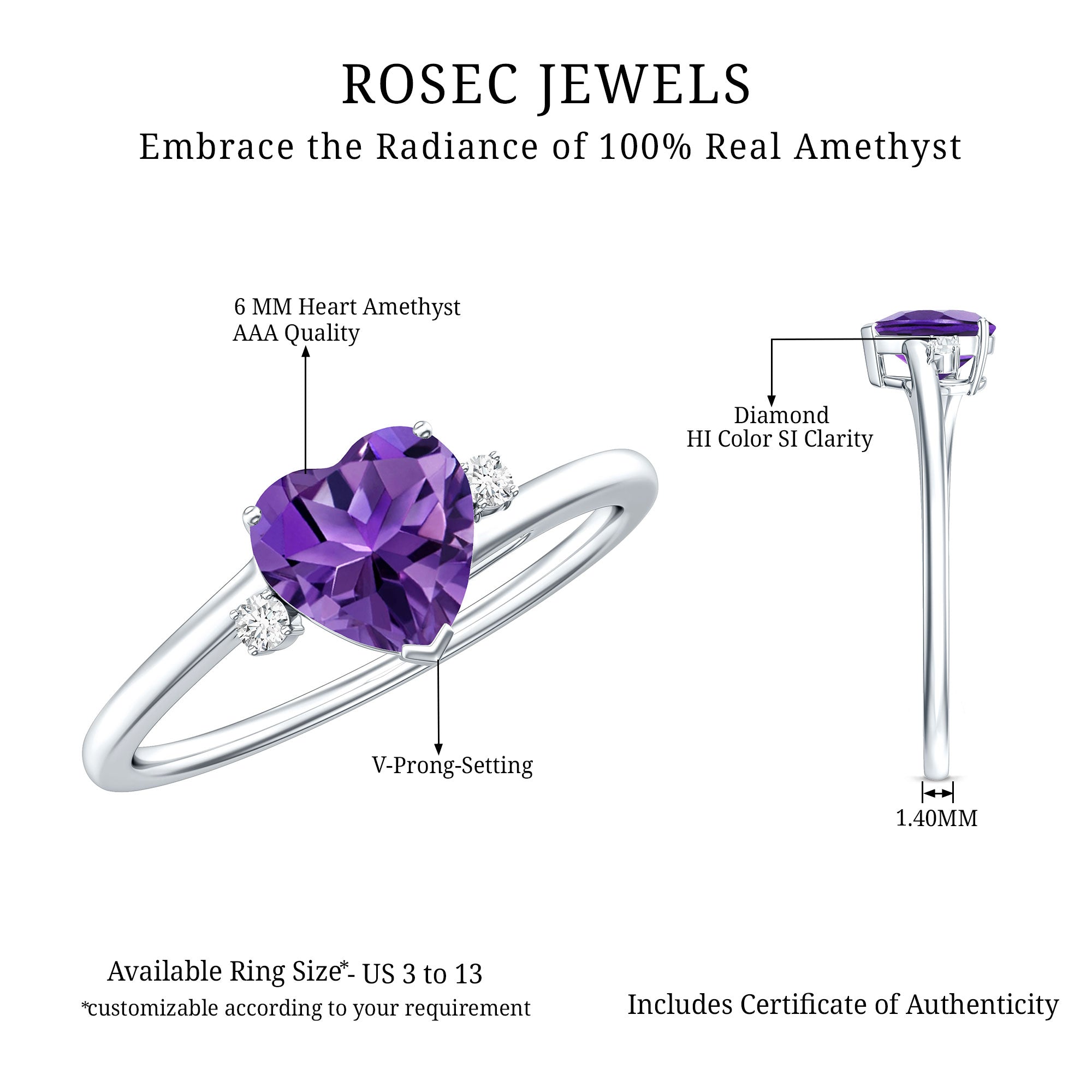 Real 0.9 Carat Amethyst Heart Engagement Ring with Diamond AAA - Rosec Jewels