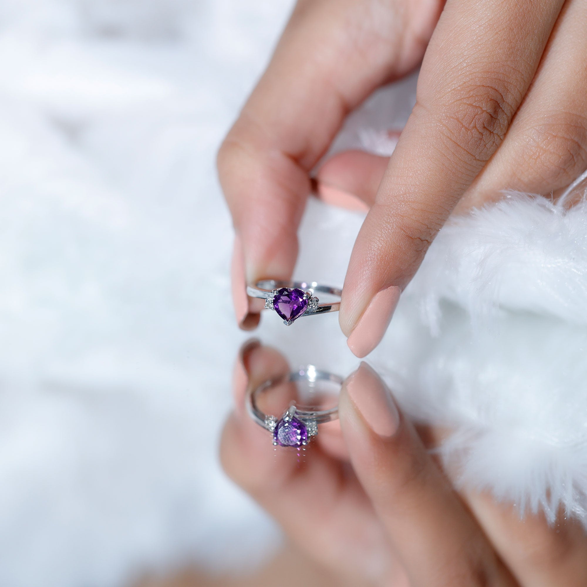 Real 0.9 Carat Amethyst Heart Engagement Ring with Diamond AAA - Rosec Jewels