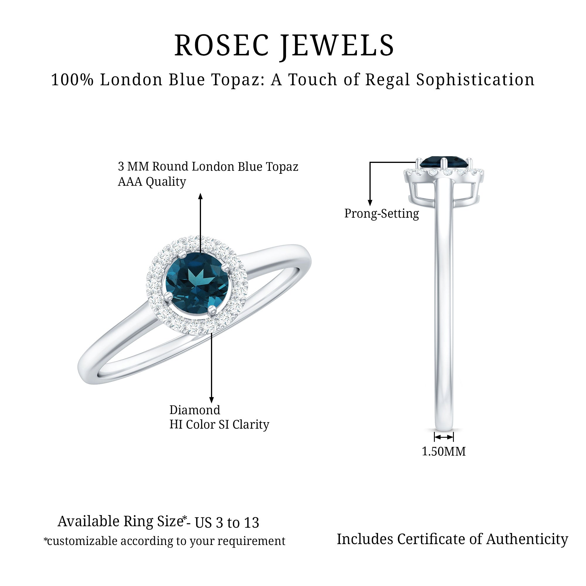 Certified Blue Topaz and Diamond Halo Promise Ring AAA - Rosec Jewels