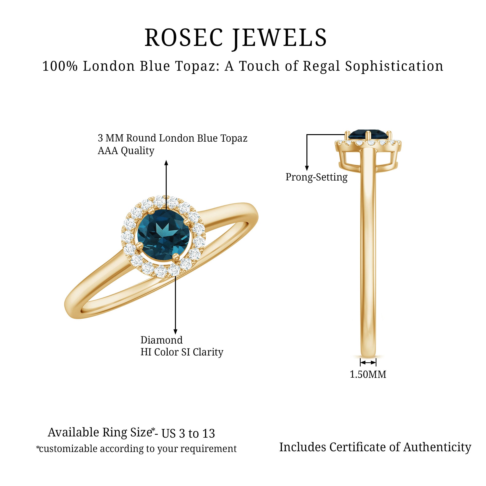Certified Blue Topaz and Diamond Halo Promise Ring AAA - Rosec Jewels
