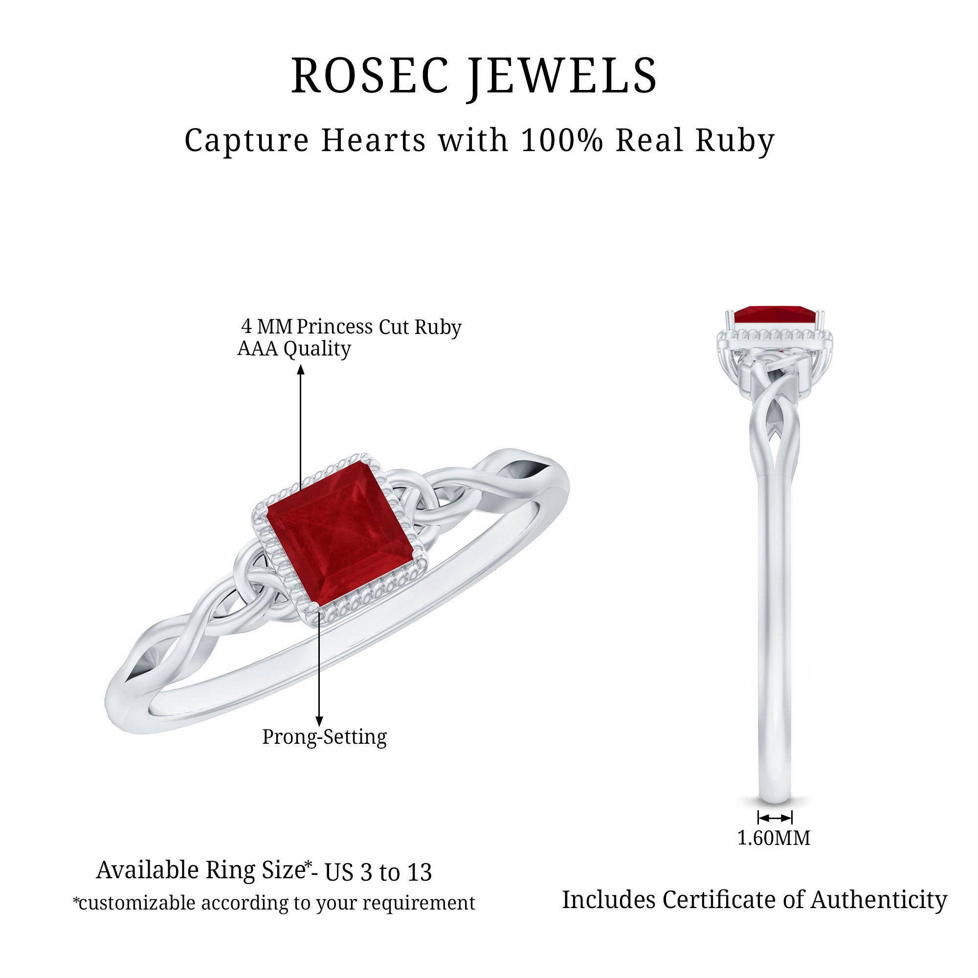Rosec Jewels-Real Princess Cut Ruby Promise Ring with Celtic Knot