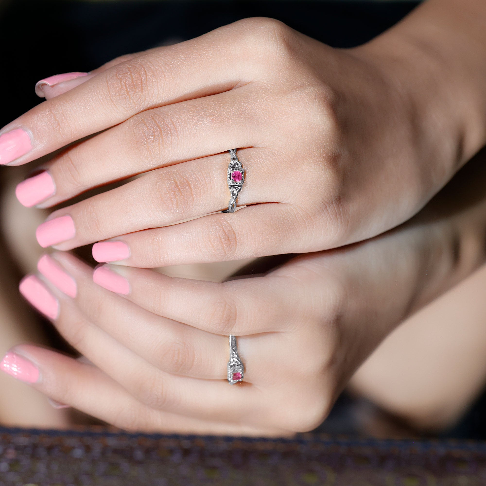 Rosec Jewels-Real Princess Cut Ruby Promise Ring with Celtic Knot