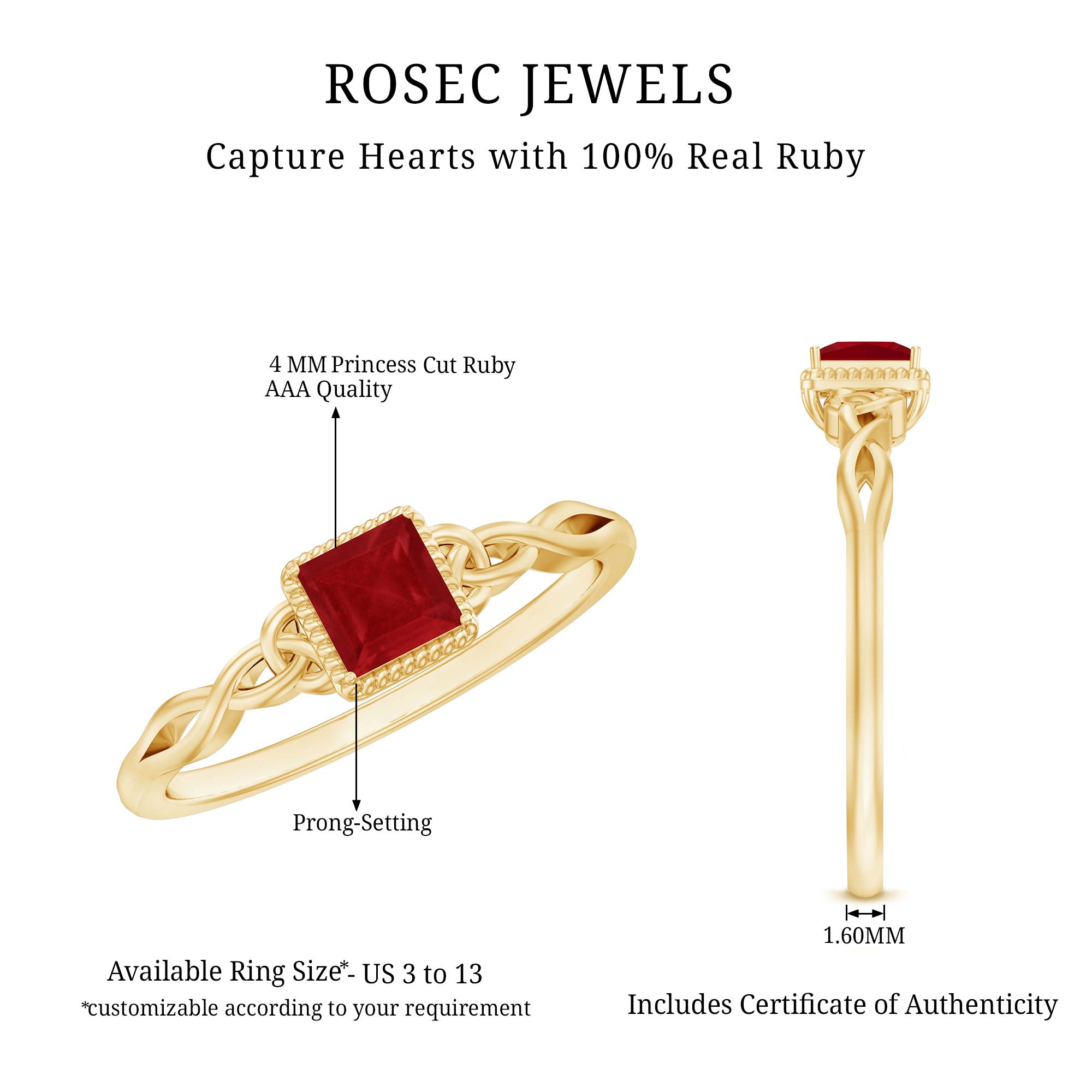 Rosec Jewels-Real Princess Cut Ruby Promise Ring with Celtic Knot