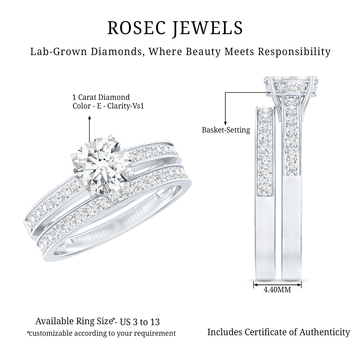 1 Carat Lab Grown Diamond Wedding Ring Set with IGI Certificate Lab - ( E-VS1 ) - Rosec Jewels