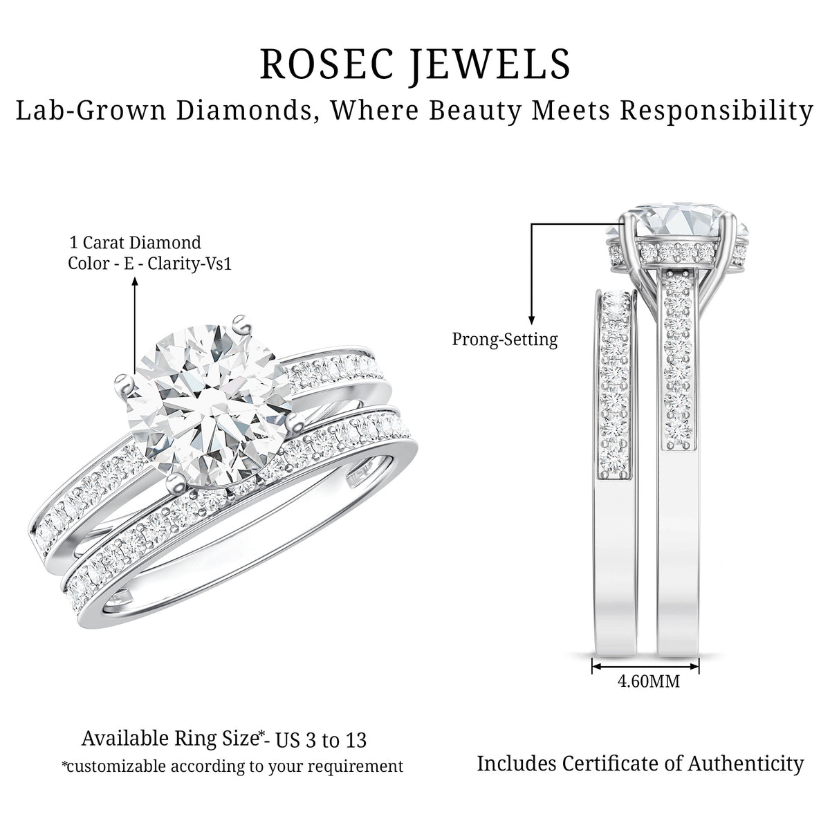 Rosec Jewels-IGI Certified 2 Carat Lab Grown Diamond Engagement Ring with Wedding Band