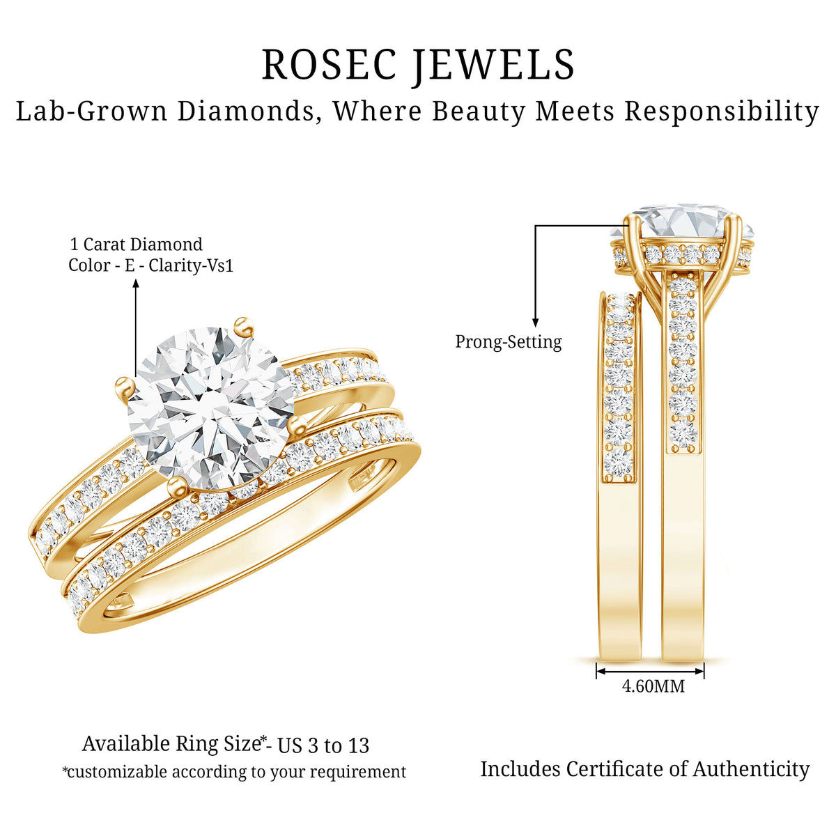 Rosec Jewels-IGI Certified 2 Carat Lab Grown Diamond Engagement Ring with Wedding Band