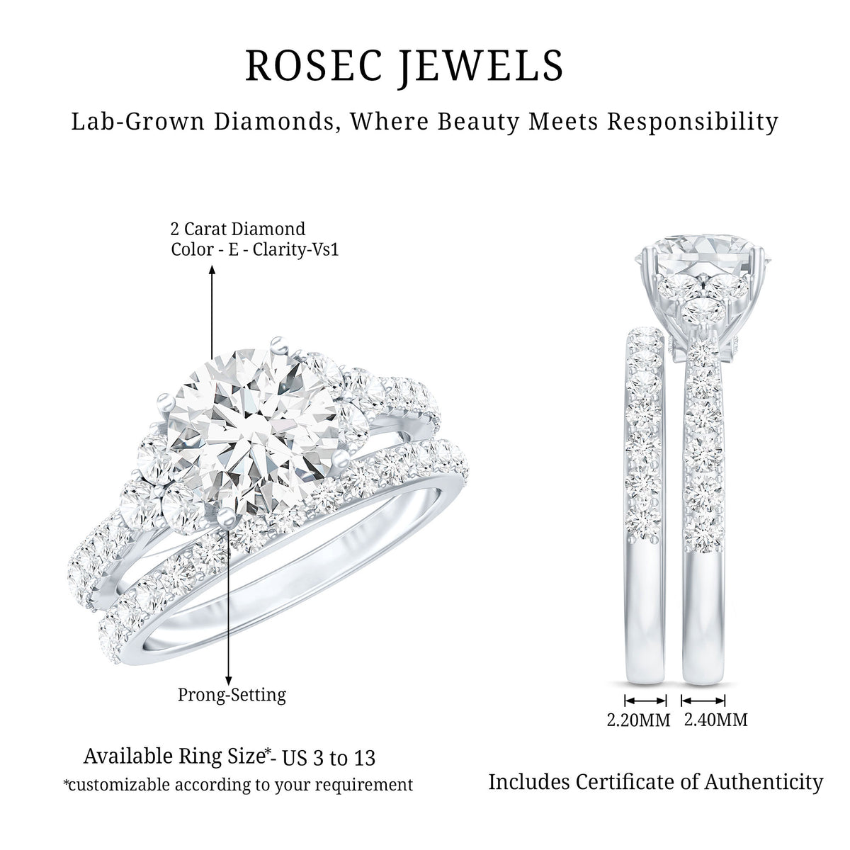 IGI Certified Lab Grown 2 Carat Diamond Engagement Ring and Wedding Band Set Lab - ( E-VS1 ) - Rosec Jewels