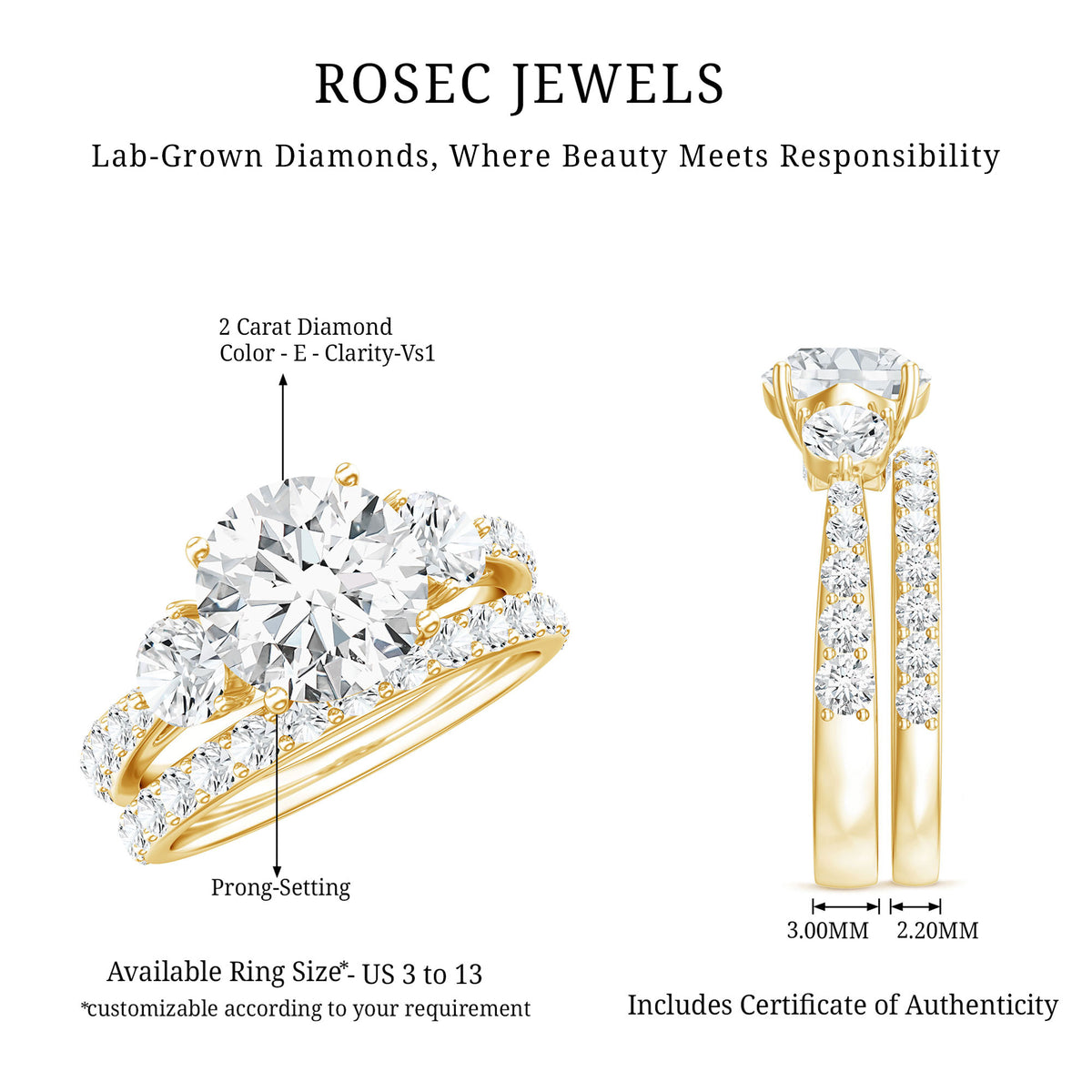 IGI Graded 2 Carat Lab Grown Diamond Three Stone Engagement Ring with Enhancer Lab - ( E-VS1 ) - Rosec Jewels