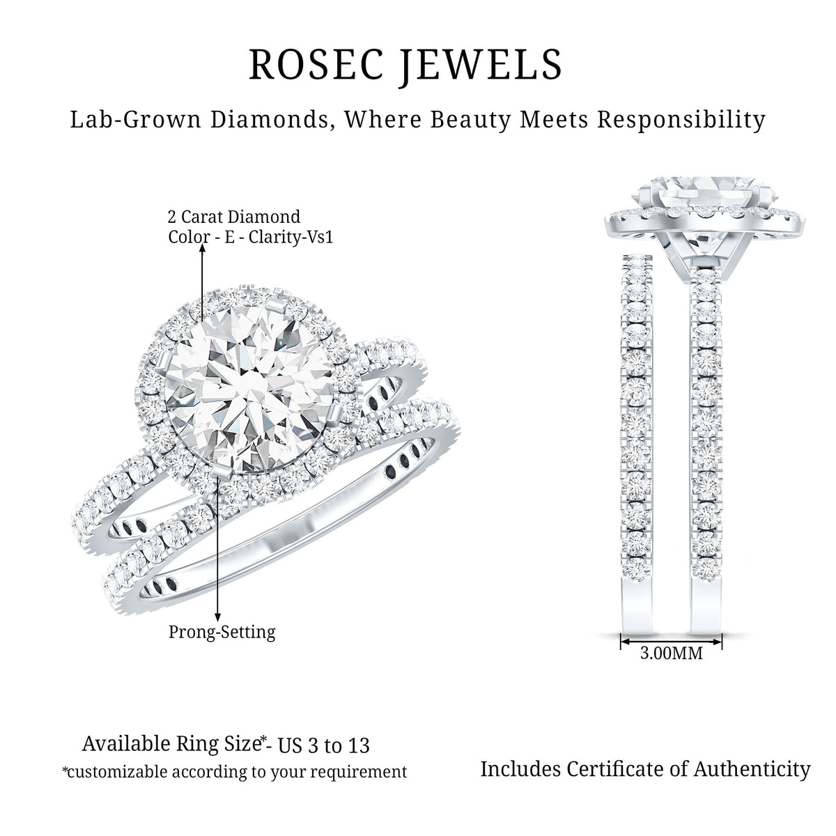 Lab Grown 2 Carat Diamond Halo Bridal Ring Set with IGI Certificate Lab - ( E-VS1 ) - Rosec Jewels