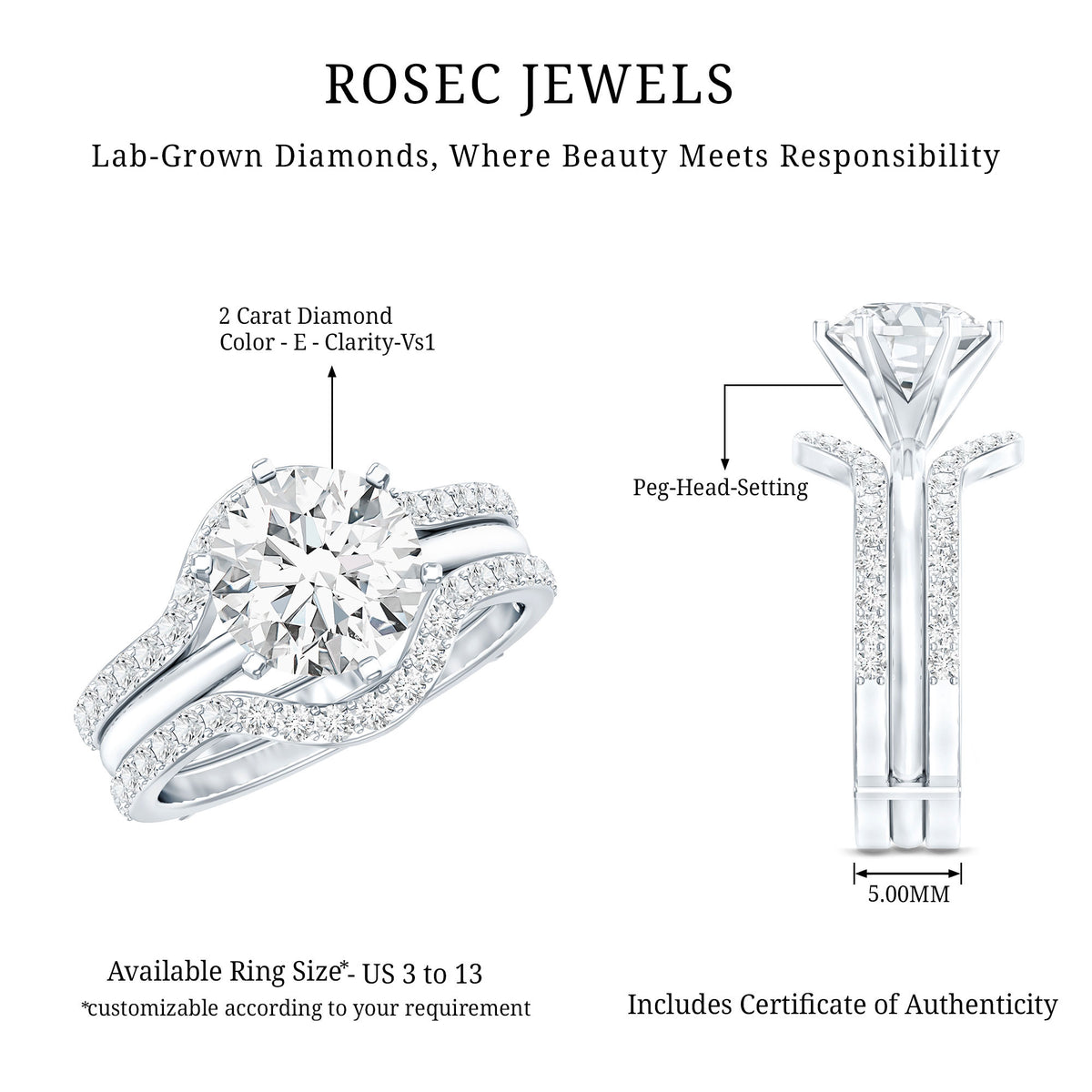 IGI Verified 2 Carat Lab Grown Diamond Solitaire Engagement Ring with Ring Guard Lab - ( E-VS1 ) - Rosec Jewels
