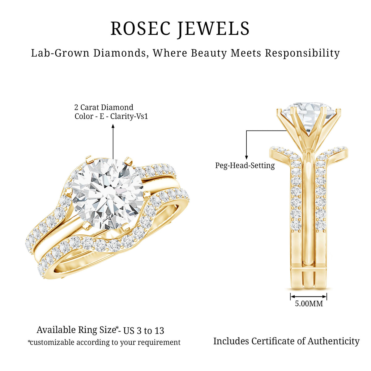 IGI Verified 2 Carat Lab Grown Diamond Solitaire Engagement Ring with Ring Guard Lab - ( E-VS1 ) - Rosec Jewels