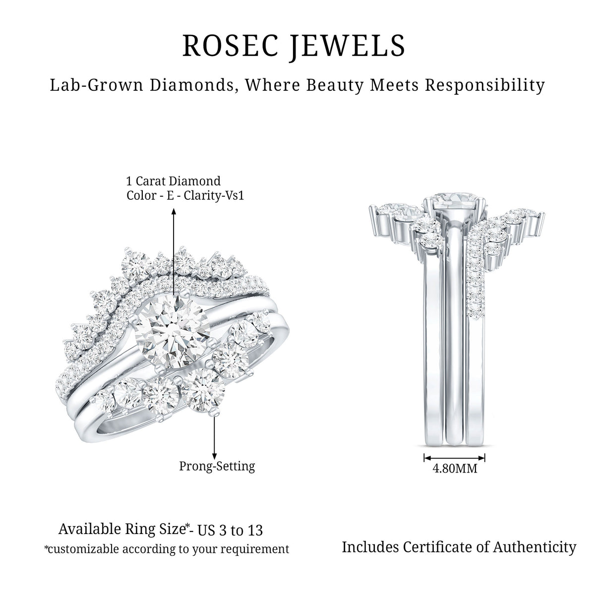 IGI Authenticated 1 Carat Lab Diamond Antique Wedding Ring Set of 3 Lab - ( E-VS1 ) - Rosec Jewels